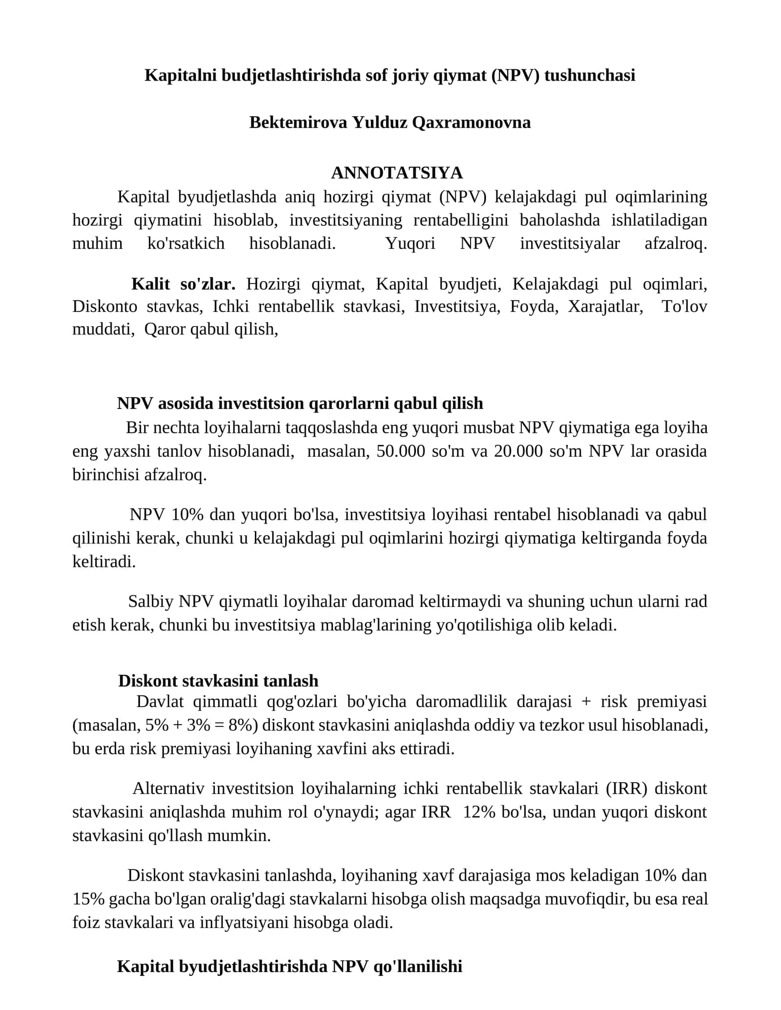 Kapitalni budjetlashtirishda sof joriy qiymat (NPV) tushunchasi 1