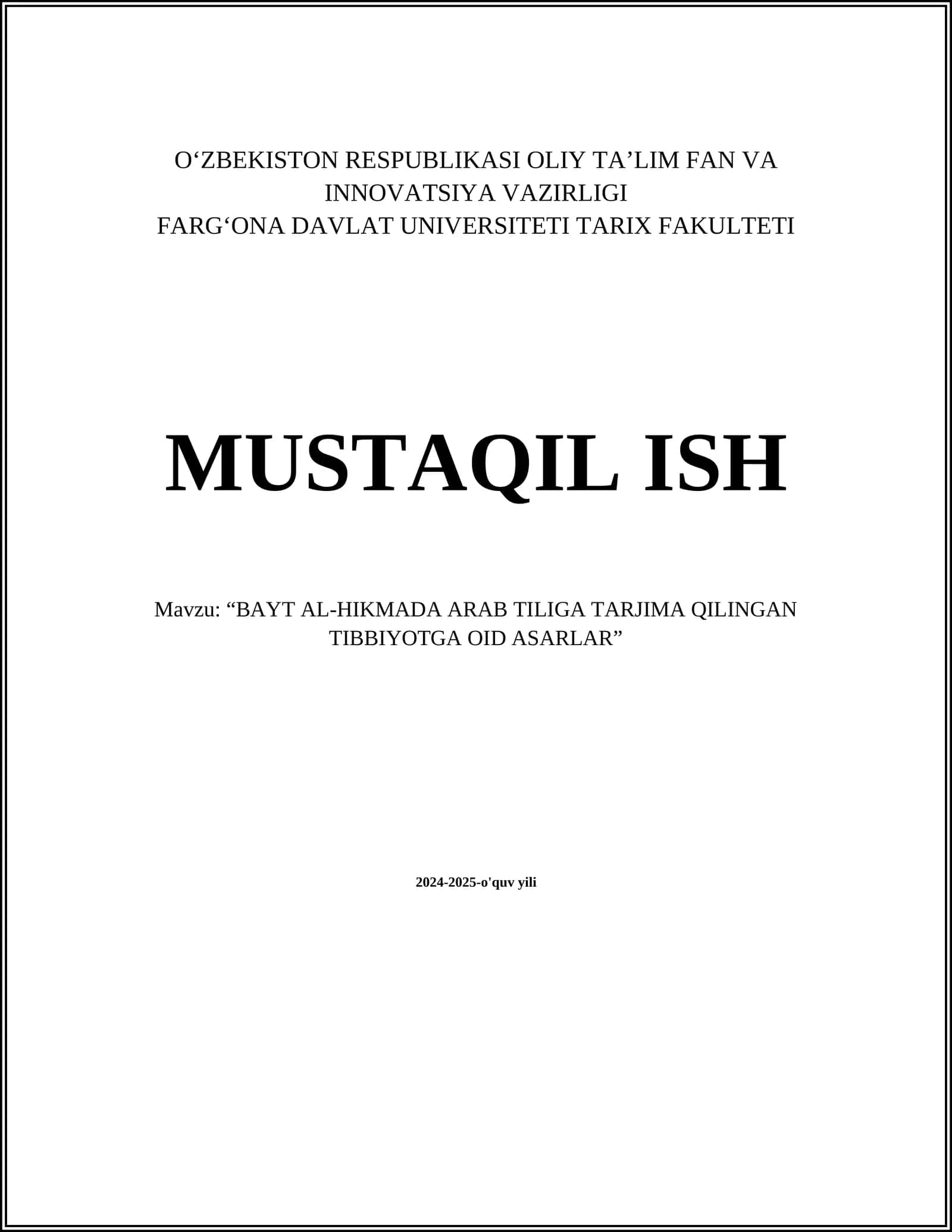 "BAYT AL-HIKMADA ARAB TILIGA TARJIMA QILINGAN TIBBIYOTGA OID ASARLAR" 1