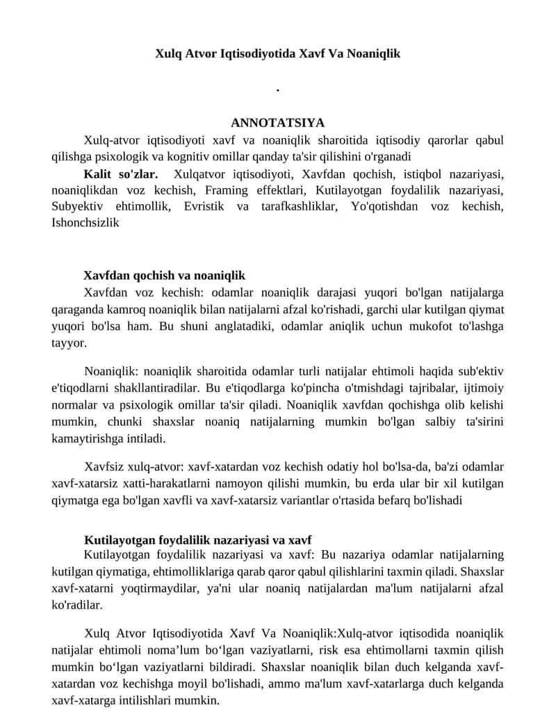 Xulq Atvor Iqtisodiyotida Xavf Va Noaniqlik 1