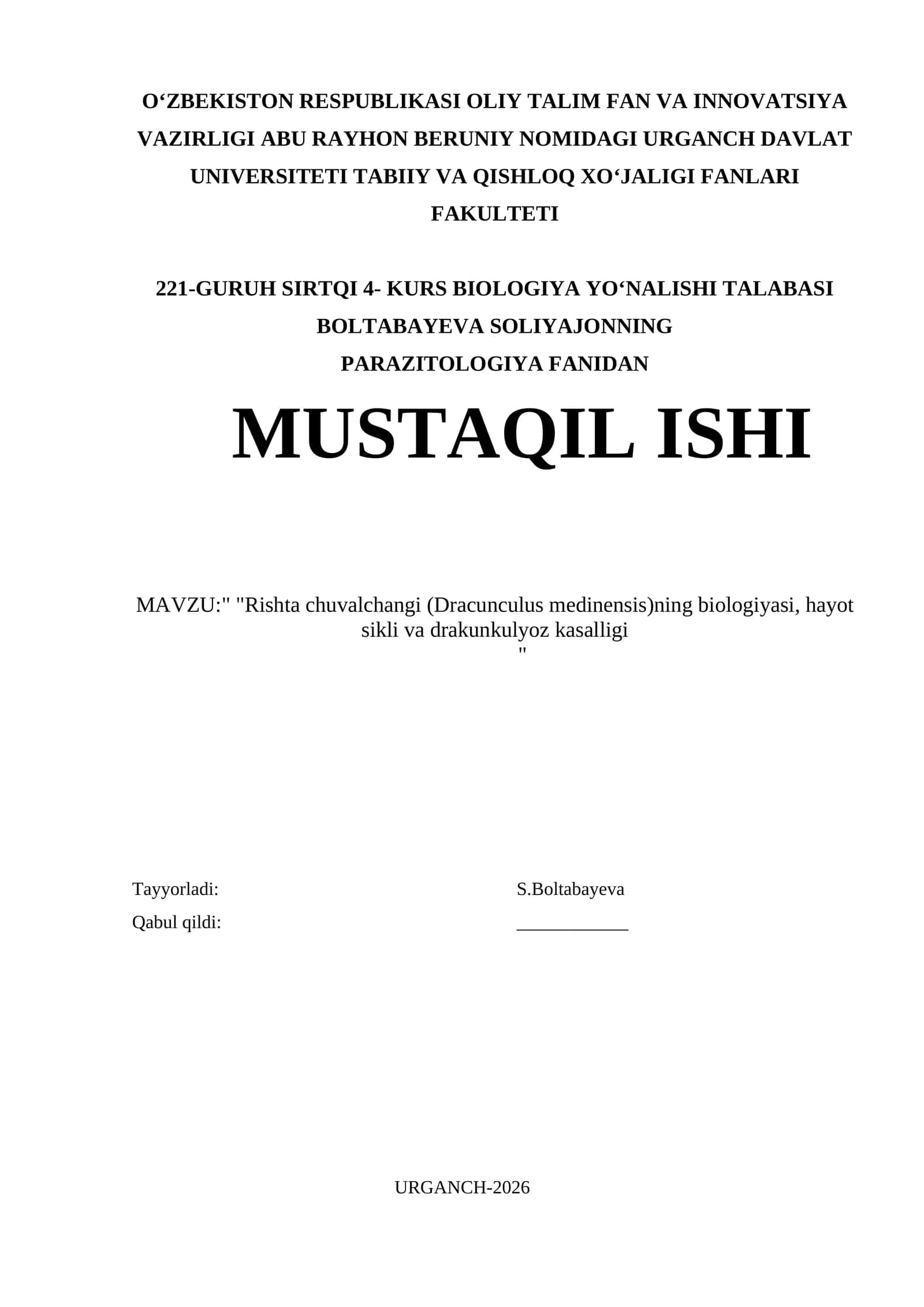 ishta chuvalchangi (Dracunculus medinensis)ning biologiyasi, hayot sikli va drakunkul 1