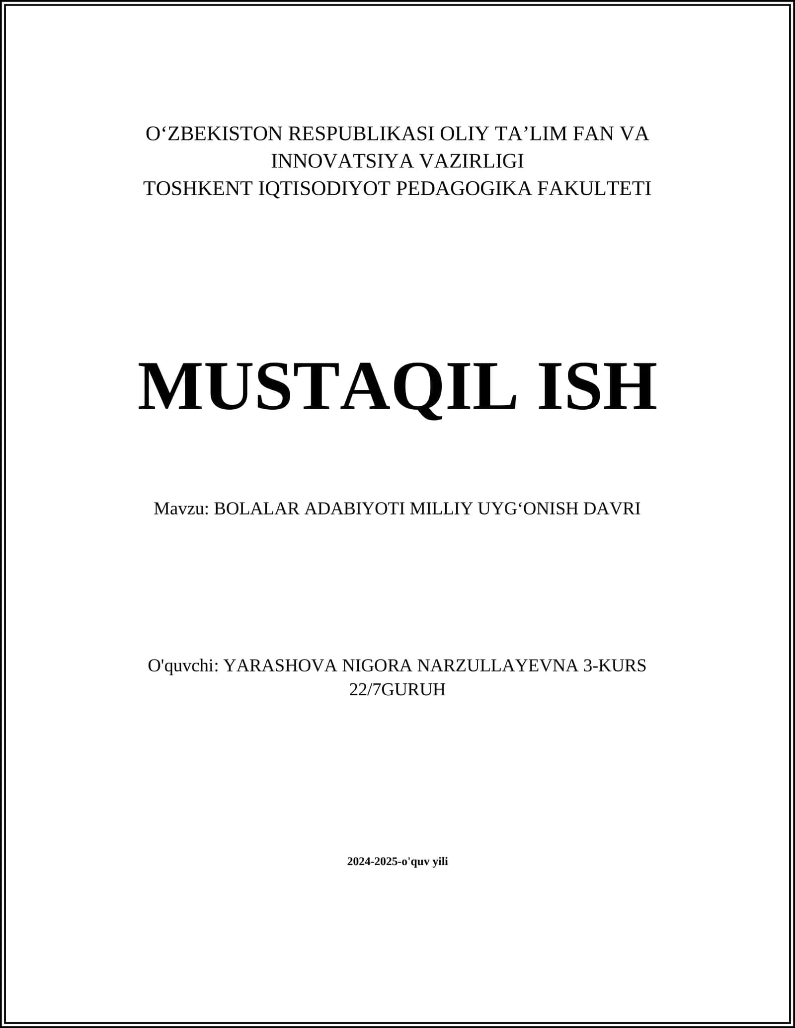 BOLALAR ADABIYOTI MILLIY UYGʻONISH DAVRI 1