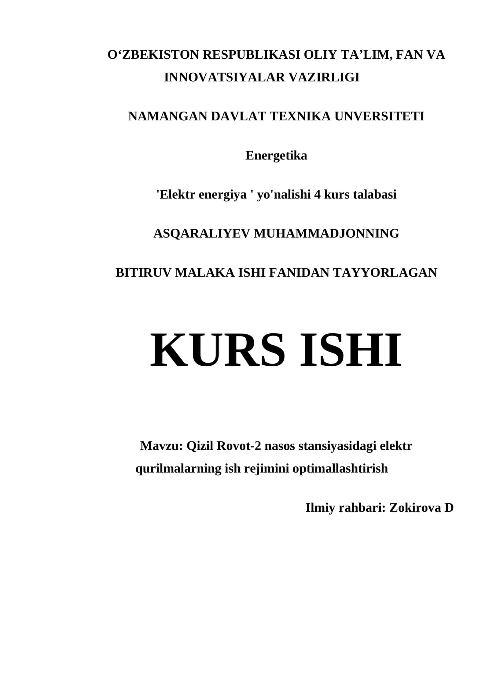 Qizil Rovot-2 nasos stansiyasidagi elektr qurilmalarning ish rejimini optimallashtirish 1