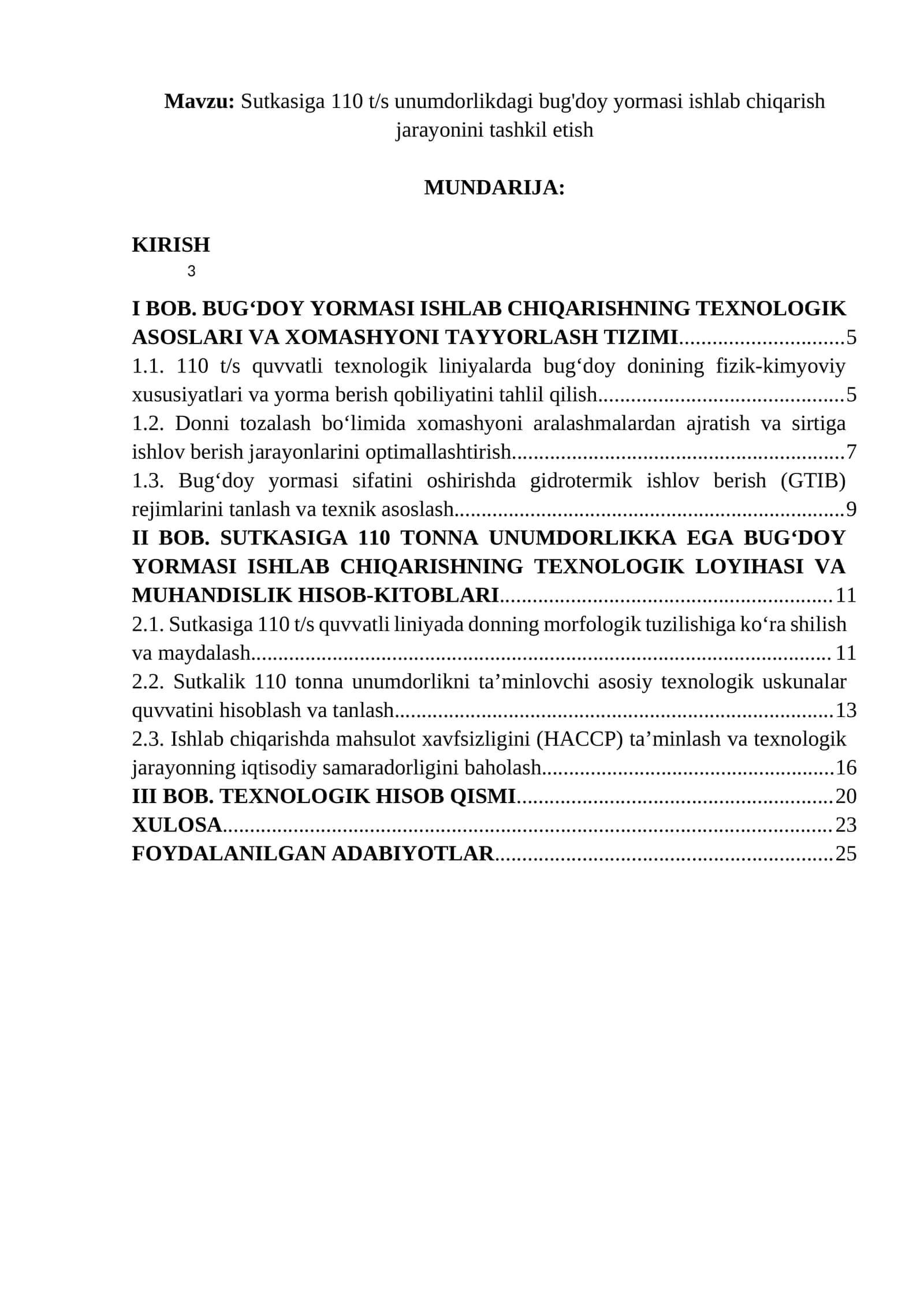 Sutkasiga 110 t/s unumdorlikdagi bug'doy yormasi ishlab chiqarish jarayonini tashkil etish 1