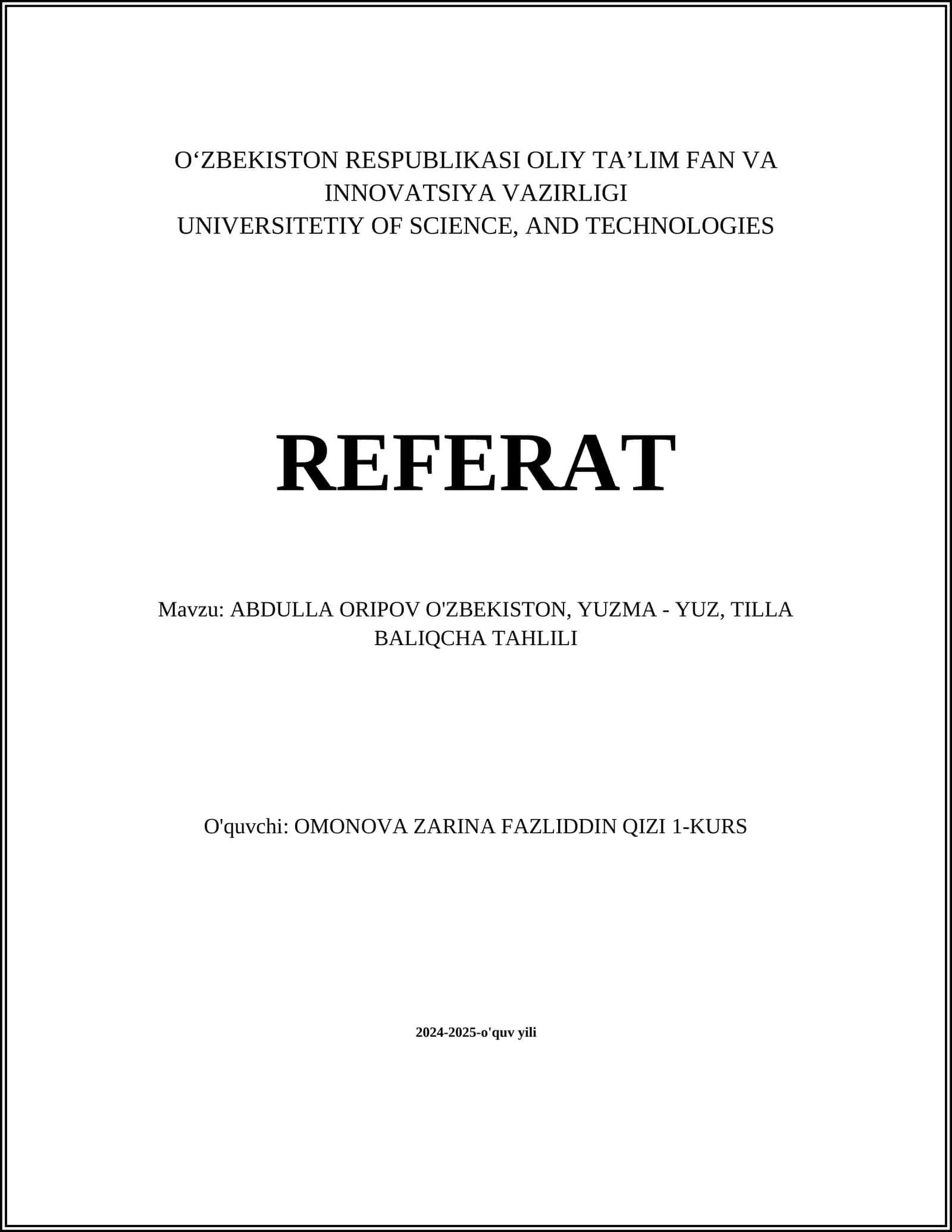 ABDULLA ORIPOV O'ZBEKISTON, YUZMA - YUZ, TILLA BALIQCHA TAHLILI 1