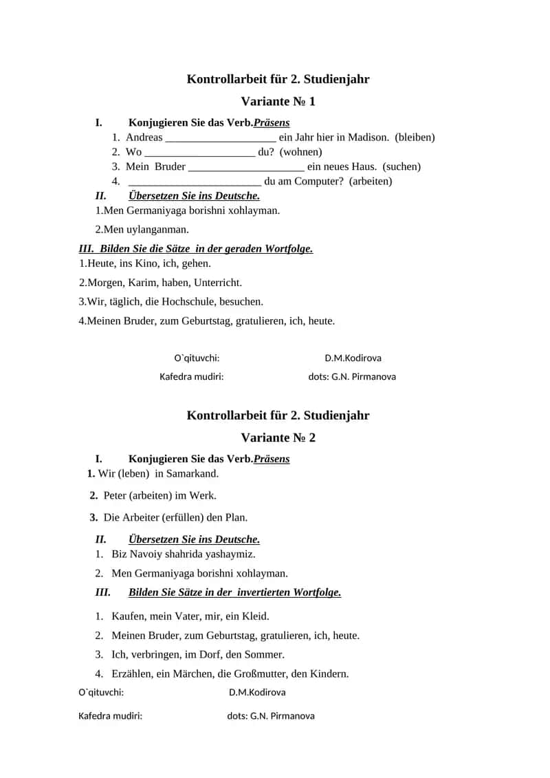 Kontrollarbeit für 2. Studienjahr 1