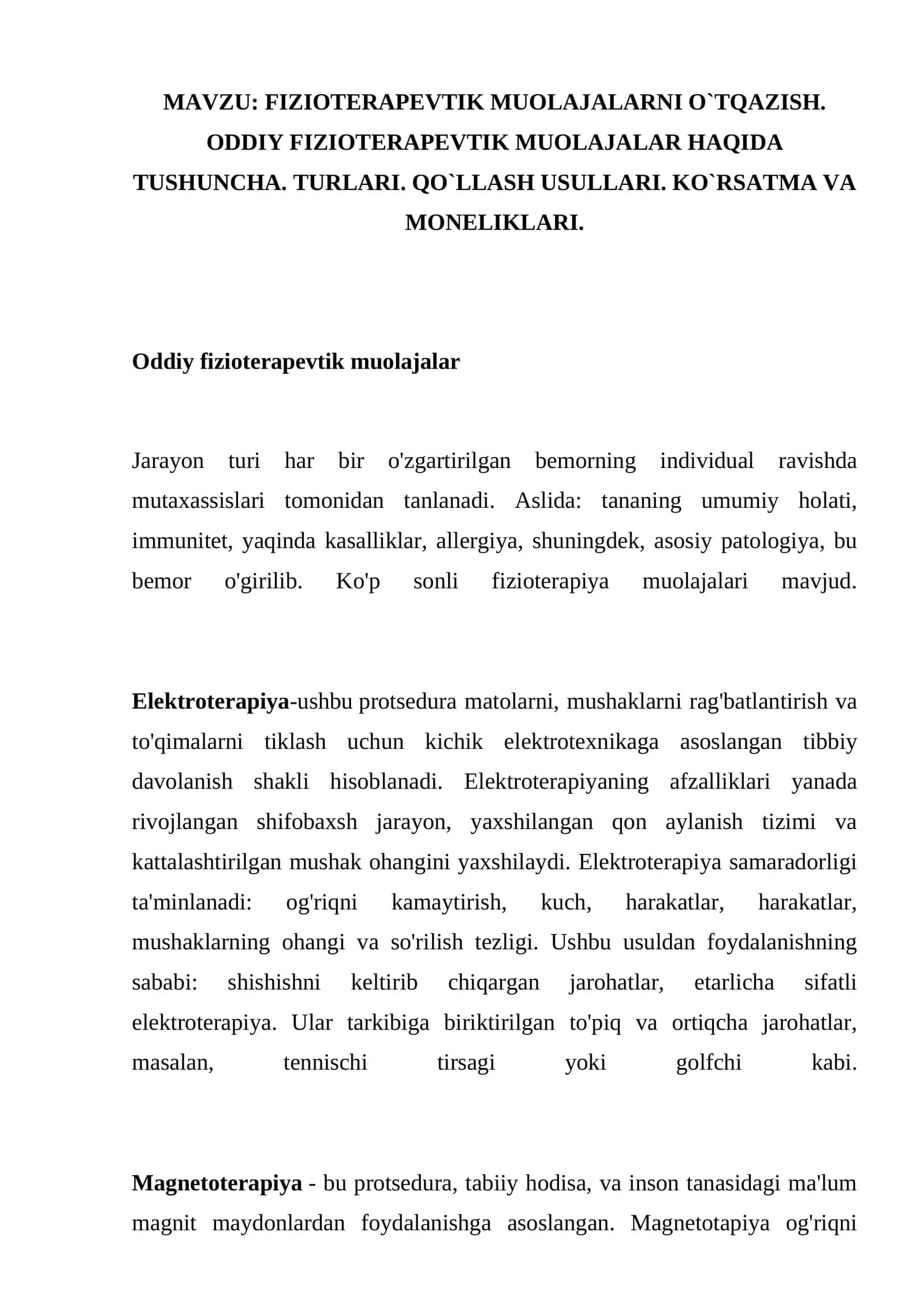 FIZIOTERAPEVTIK MUOLAJALARNI O`TQAZISH 1