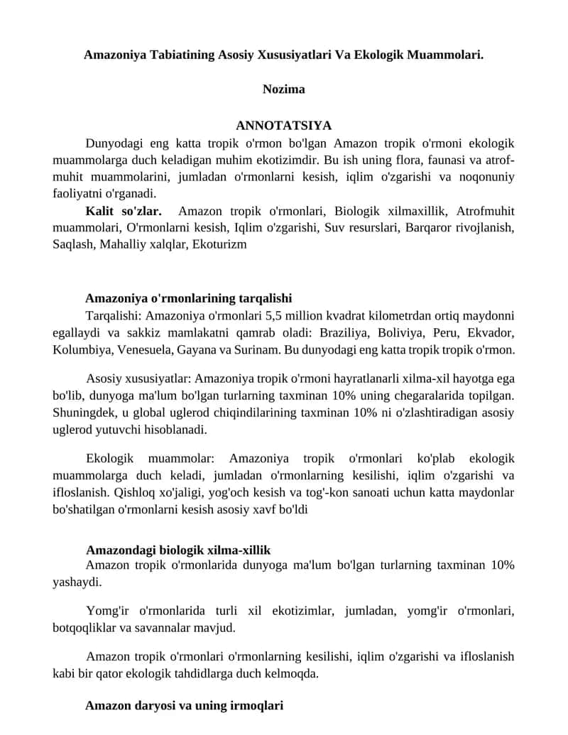 Amazoniya Tabiatining Asosiy Xususiyatlari Va Ekologik Muammolari 1