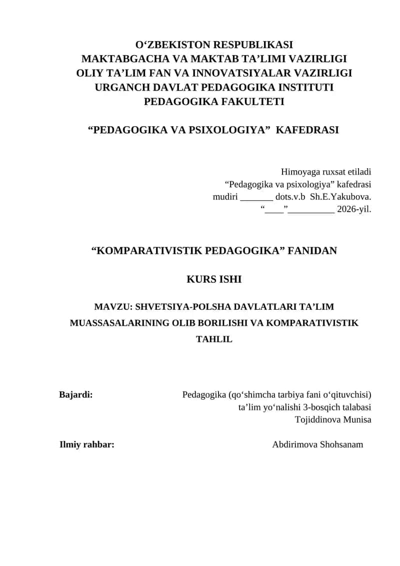 SHVETSIYA-POLSHA DAVLATLARI TA’LIM MUASSASALARINING OLIB BORILISHI VA KOM 1