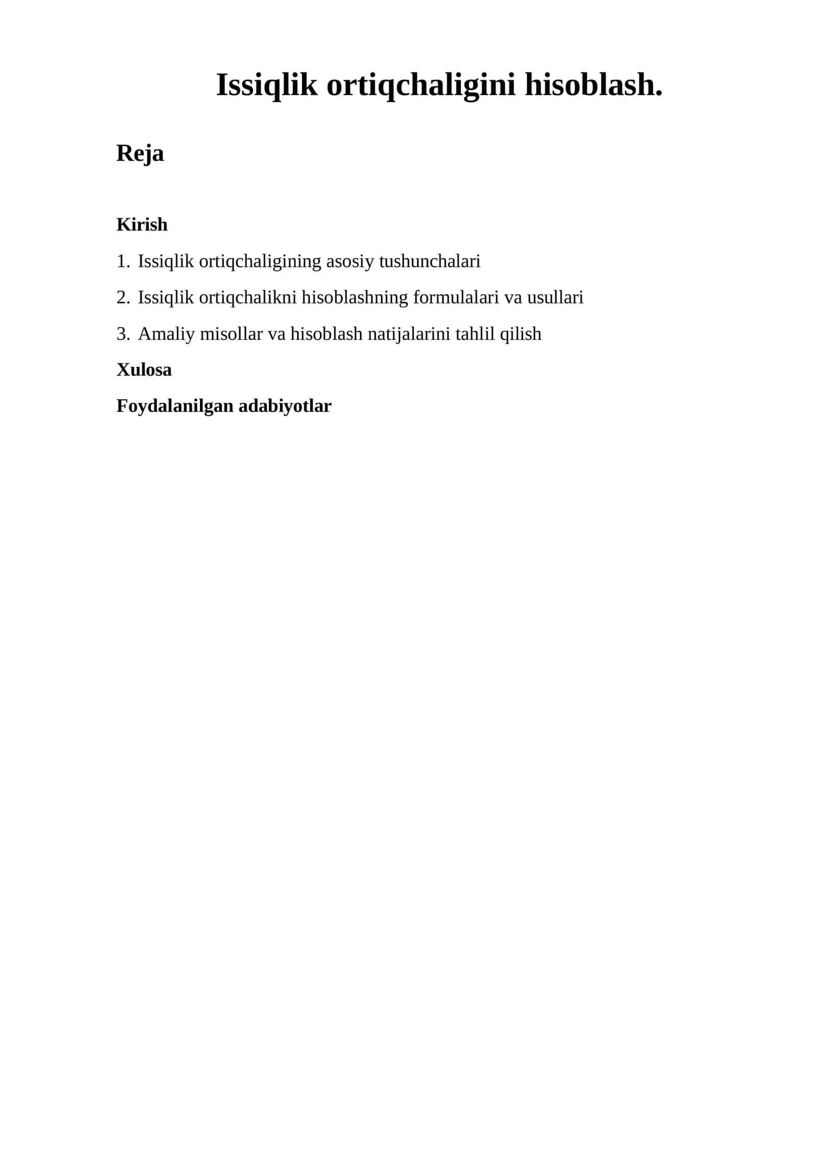 Issiqlik ortiqchaligini hisoblash 1