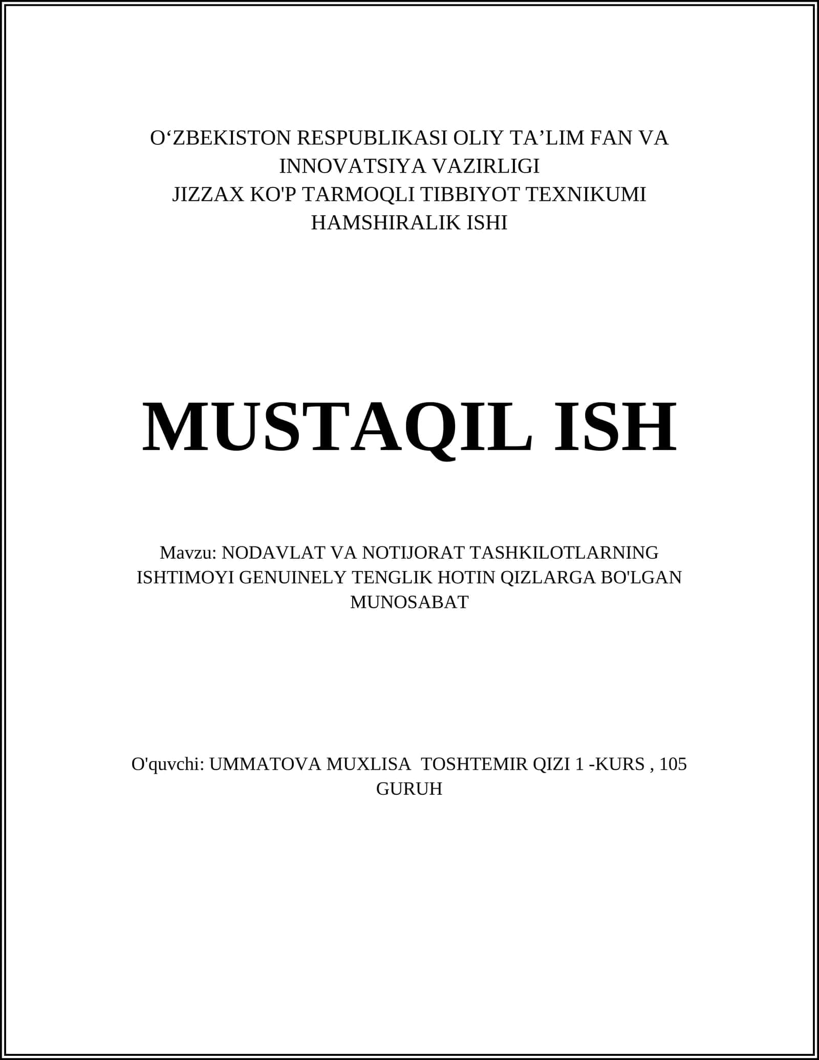 NODAVLAT VA NOTIJORAT TASHKILOTLARNING ISHTIMOYI GENUINELY TENGLIK HOTIN QIZLARGA BO'LGAN MUNOSABAT 1