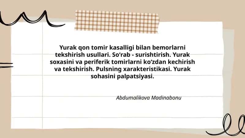 Yurak qon tomir kasalligi bilan bemorlarni tekshirish usullari 1