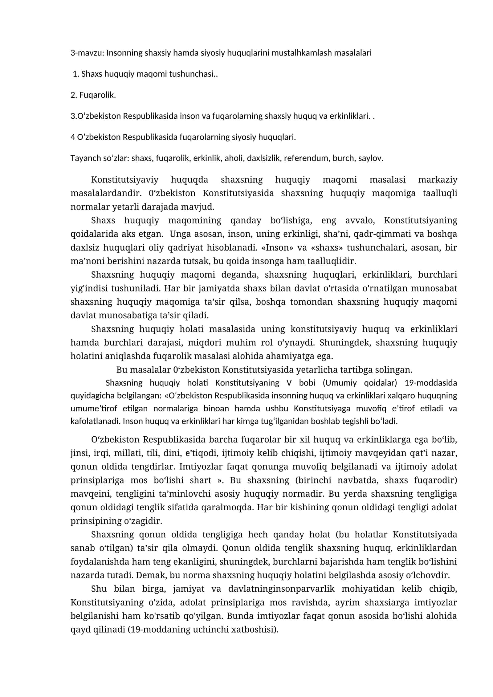 Insonning shaxsiy hamda siyosiy huquqlarini mustalhkamlash masalalari 1
