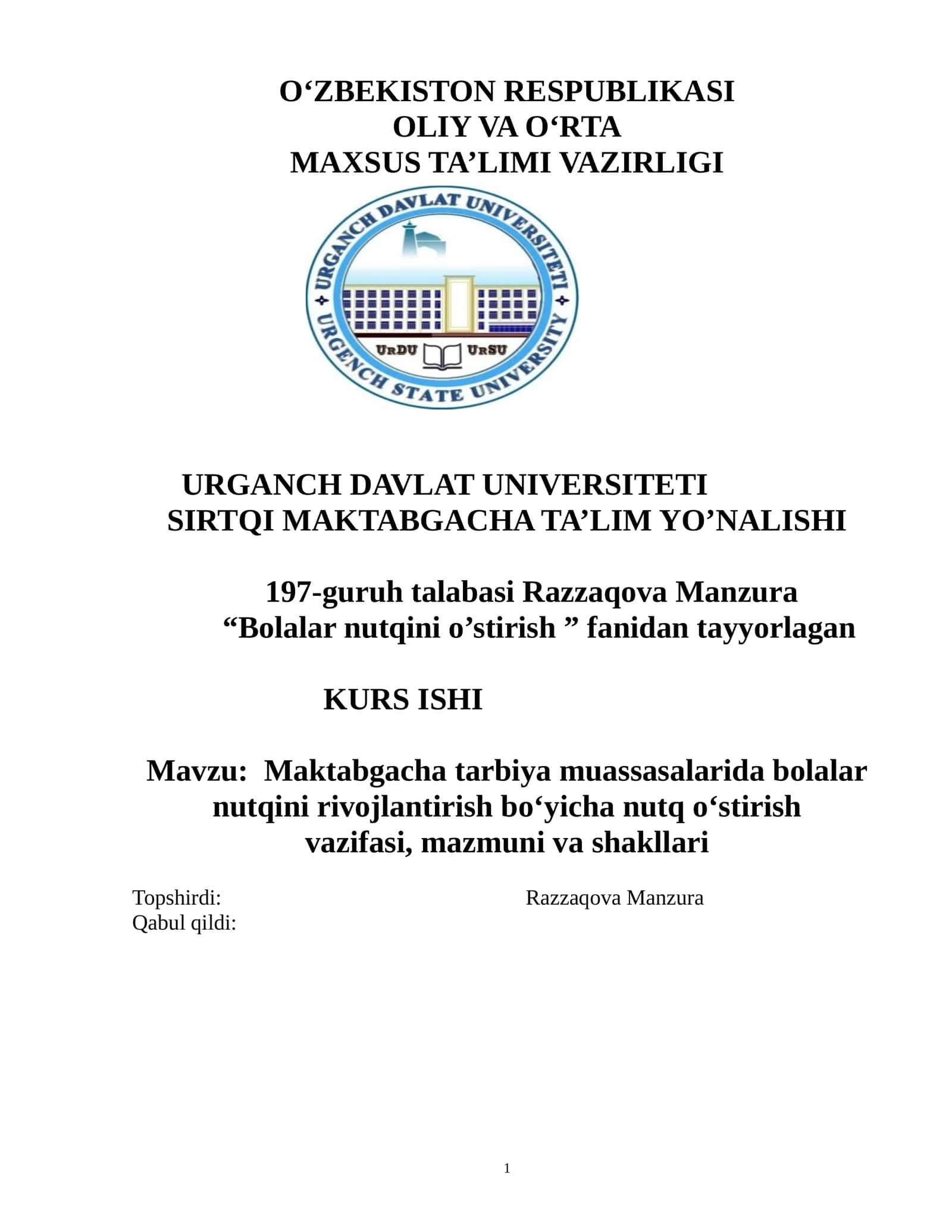 Bolalar nutqini o’stirish fanidan 1