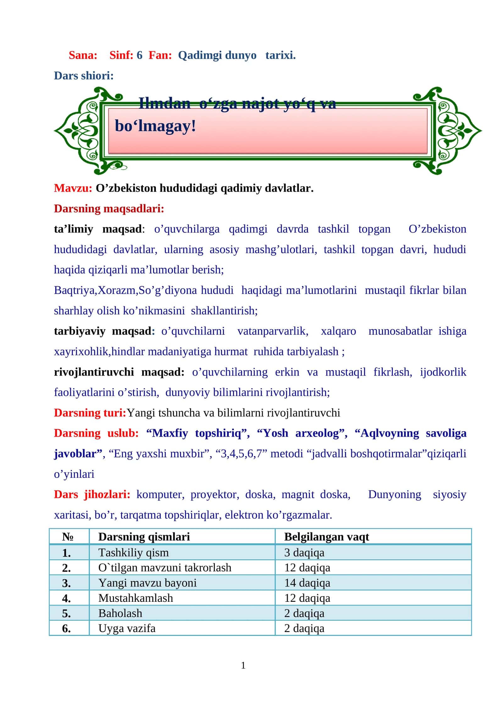 6-sinf Tarix fanidan O'zbekiston hududidagi qadimiy davlatlar dars ishlanma 1