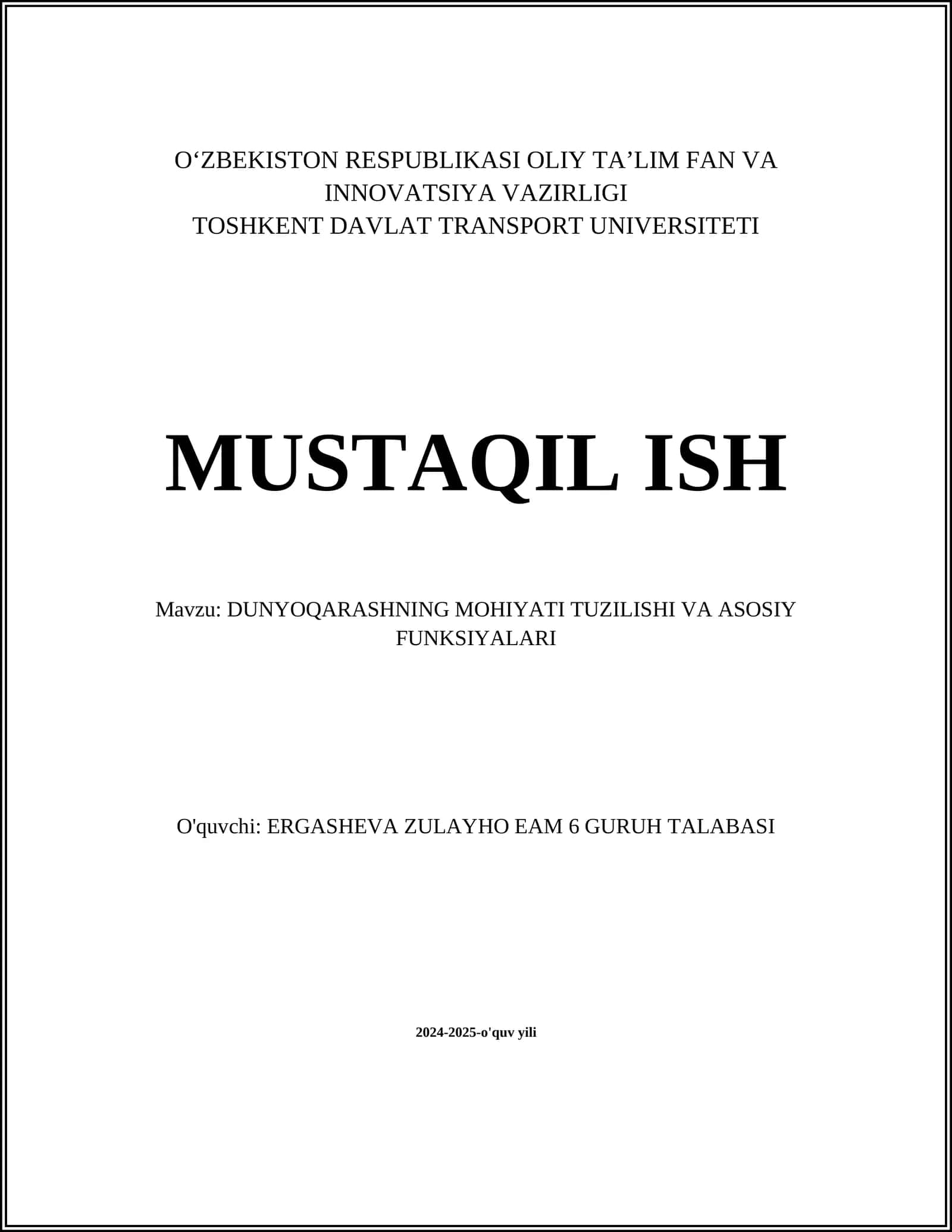DUNYOQARASHNING MOHIYATI TUZILISHI VA ASOSIY FUNKSIYALARI 1