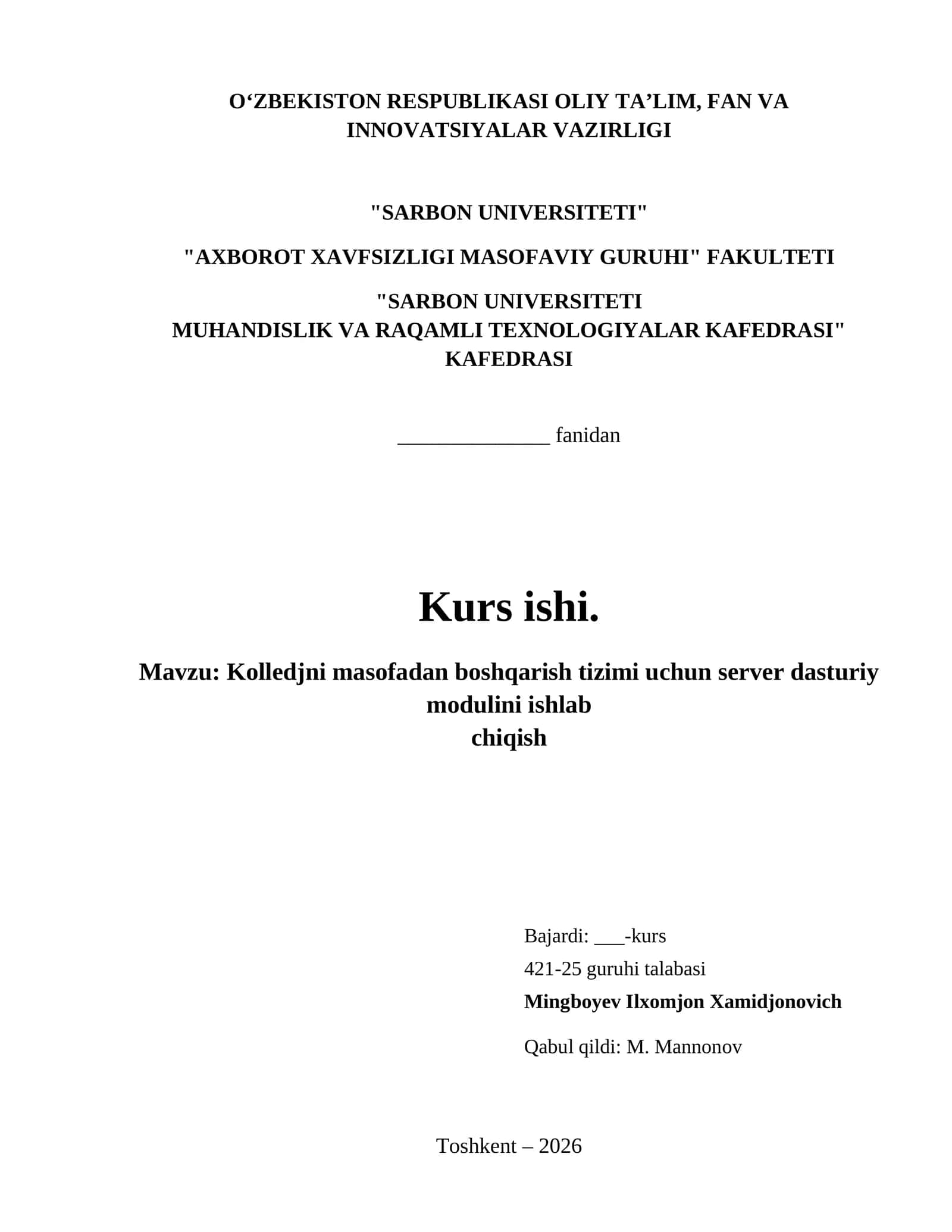 Kolledjni masofadan boshqarish tizimi uchun server dasturiy modulini ishlab 1