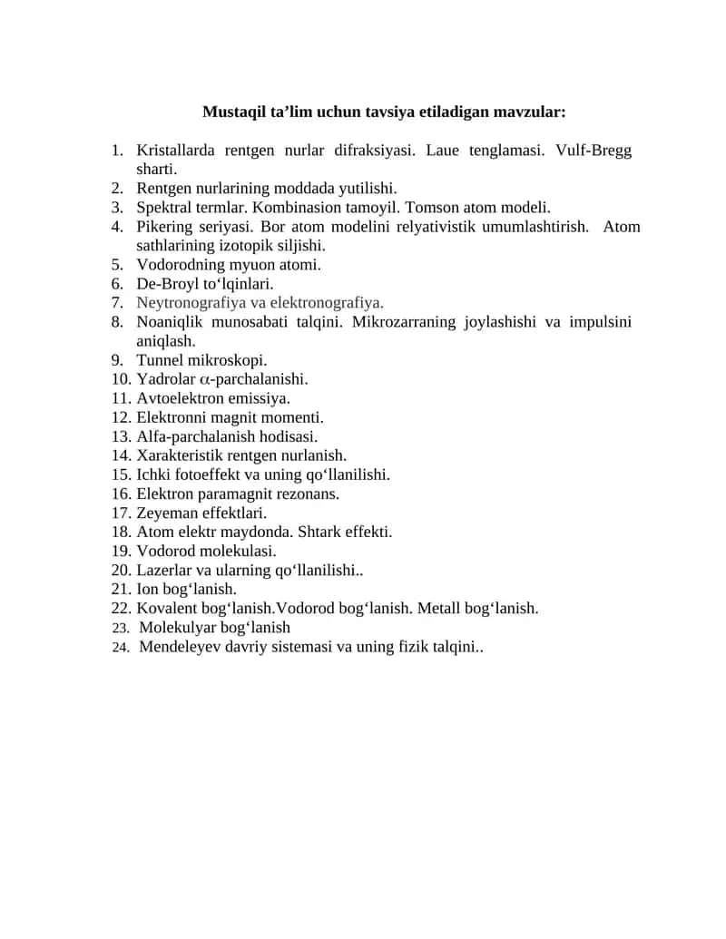 Mustaqil ta’lim uchun tavsiya etiladigan mavzular 1