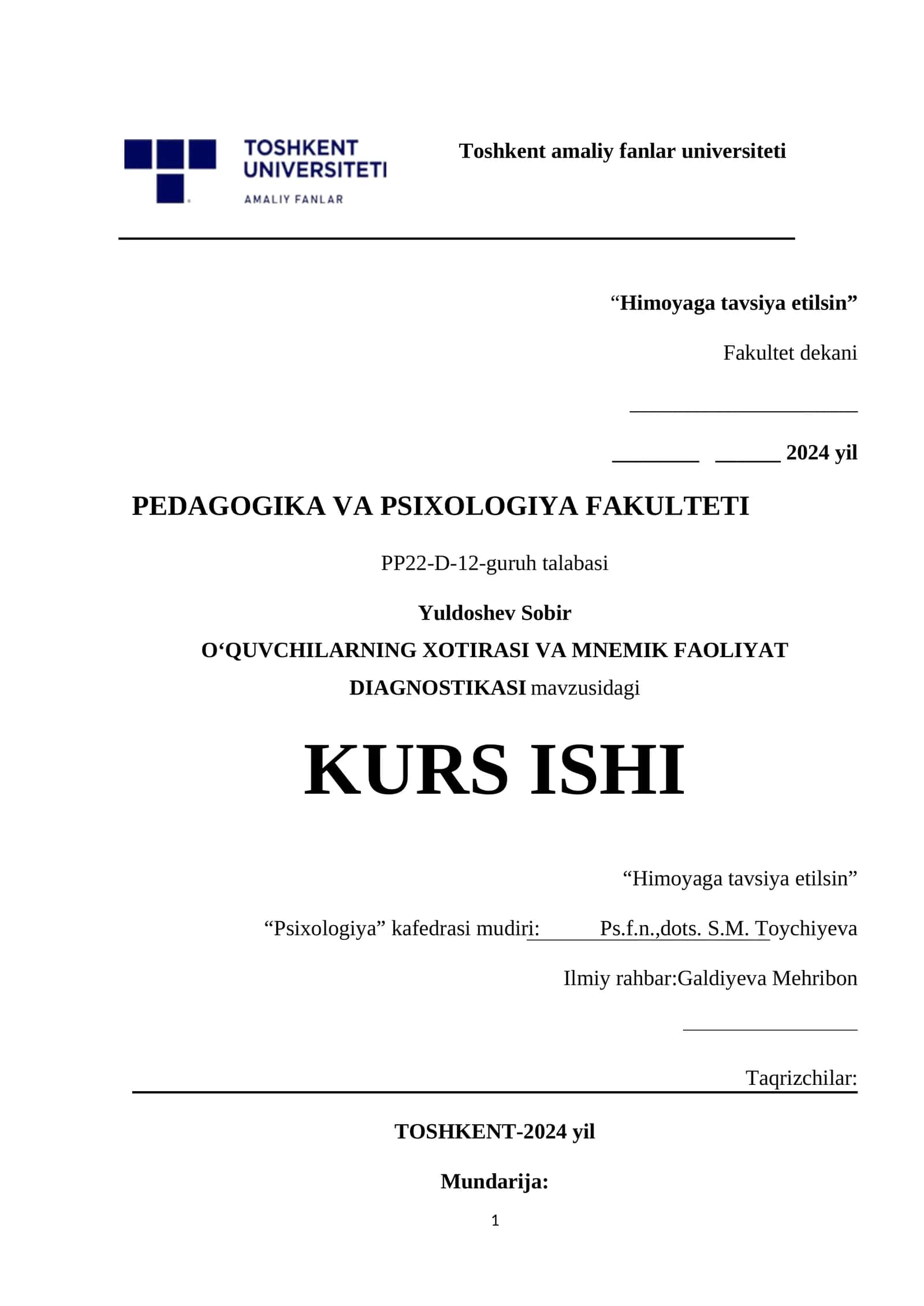 O‘QUVCHILARNING XOTIRASI VA MNEMIK FAOLIYAT DIAGNOSTIKASI 1