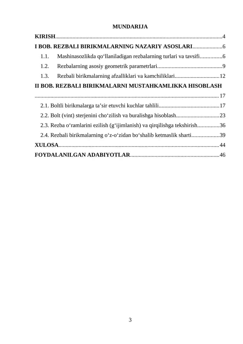 Birikmalar va rezbalar boʻyicha hisoblash tartibi 1