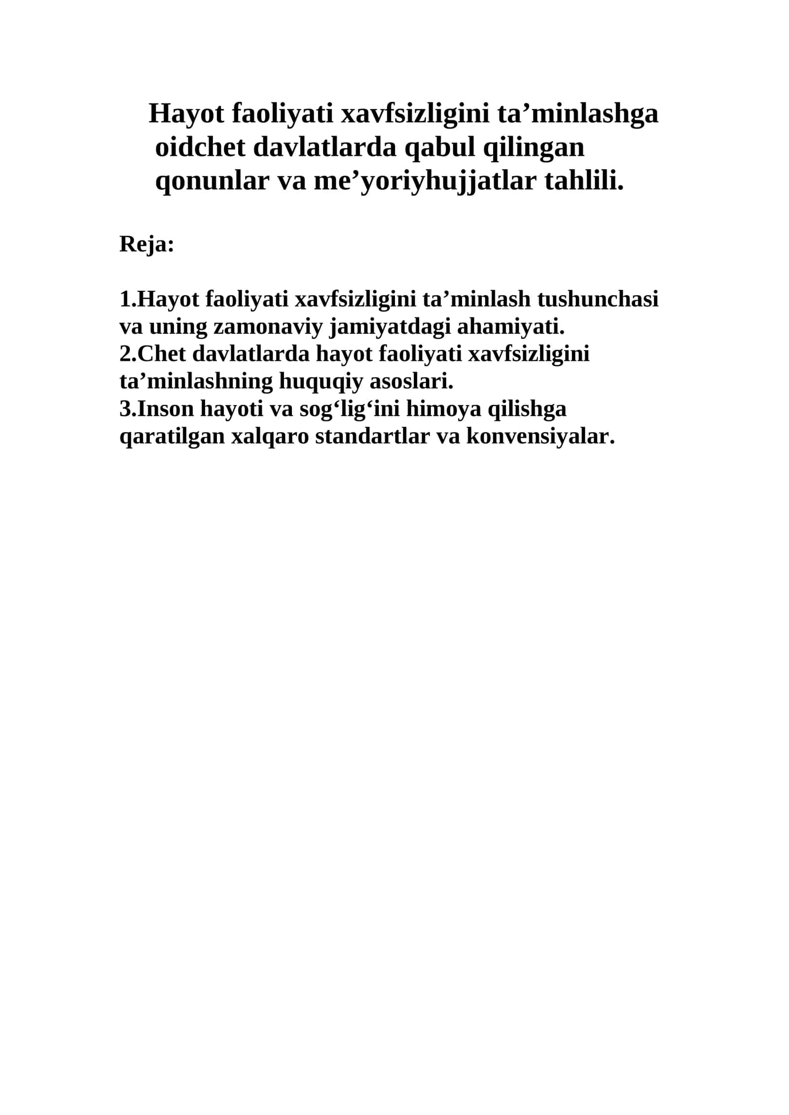 Hayot faoliyati xavfsizligini ta’minlashga oidchet davlatlarda qabul qilingan qonunlar va me’yoriyhujjatlar tahlili 1