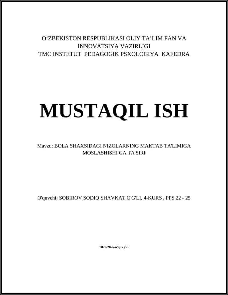 BOLA SHAXSIDAGI NIZOLARNING MAKTAB TA'LIMIGA MOSLASHISHI GA TA'SIRI 1
