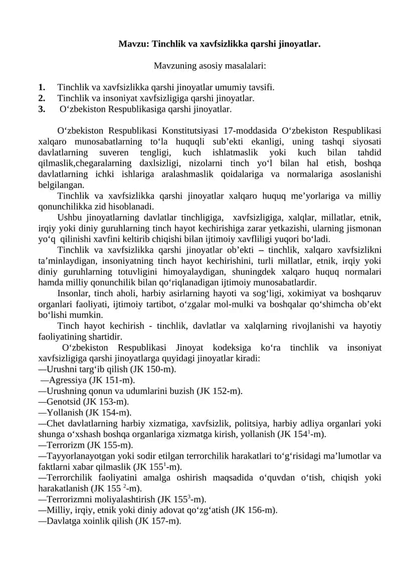 Tinchlik va xavfsizlikka qarshi jinoyatlar 1