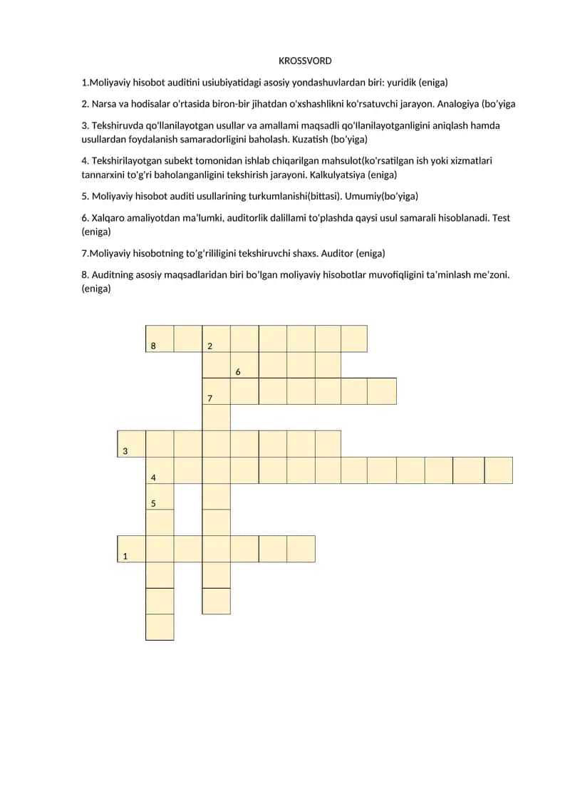 moliyaviy audit fanidan krasvord va test 1