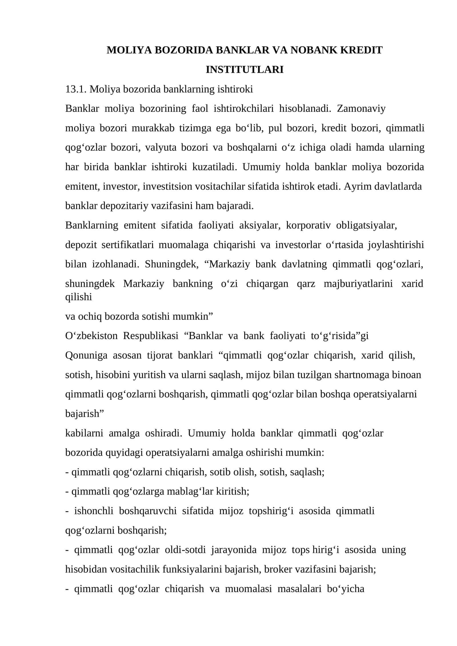 MOLIYA BOZORIDA BANKLAR VA NOBANK KRЕDIT INSTITUTLARI 1