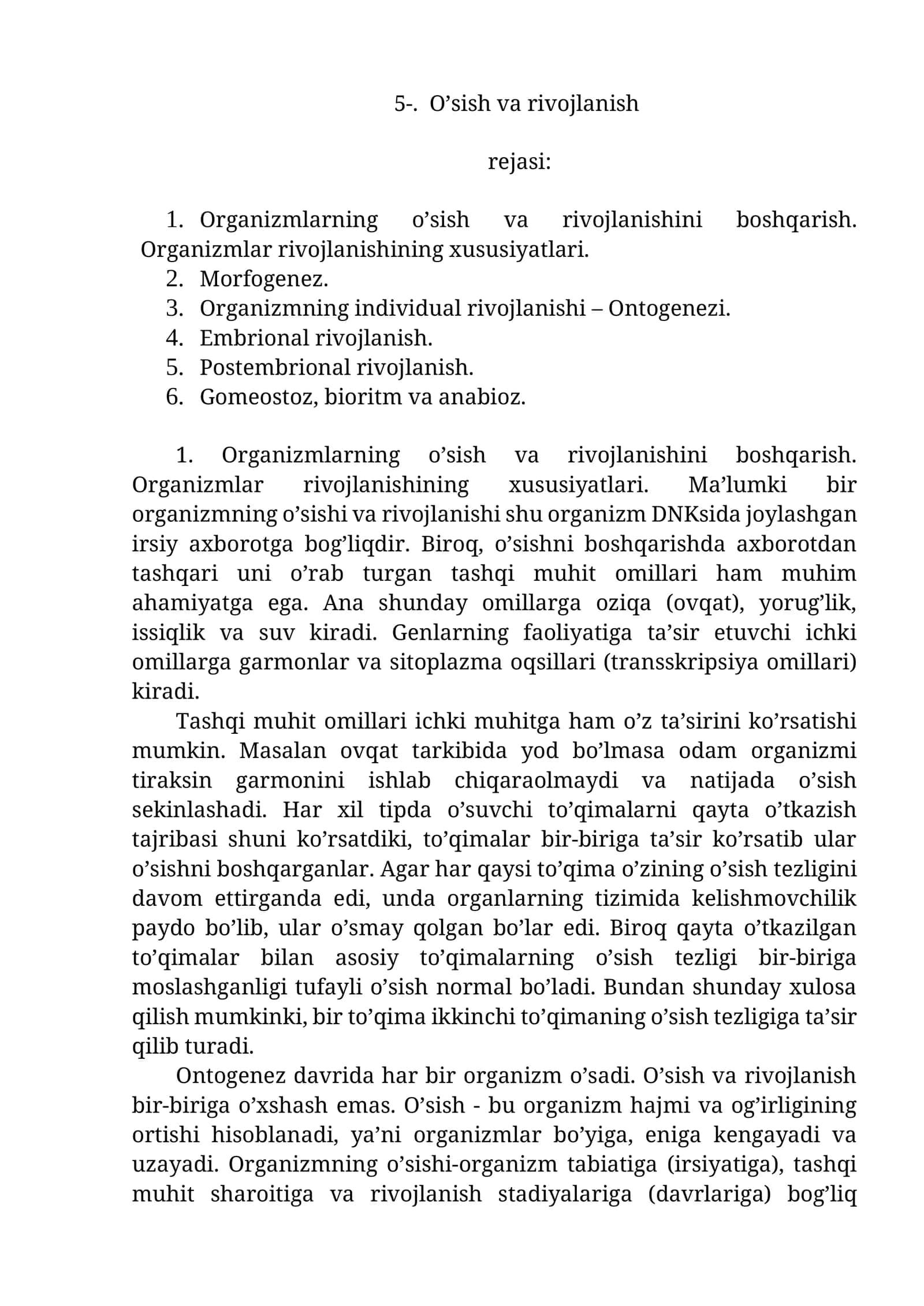 O’sish va rivojlanish rejasi 1