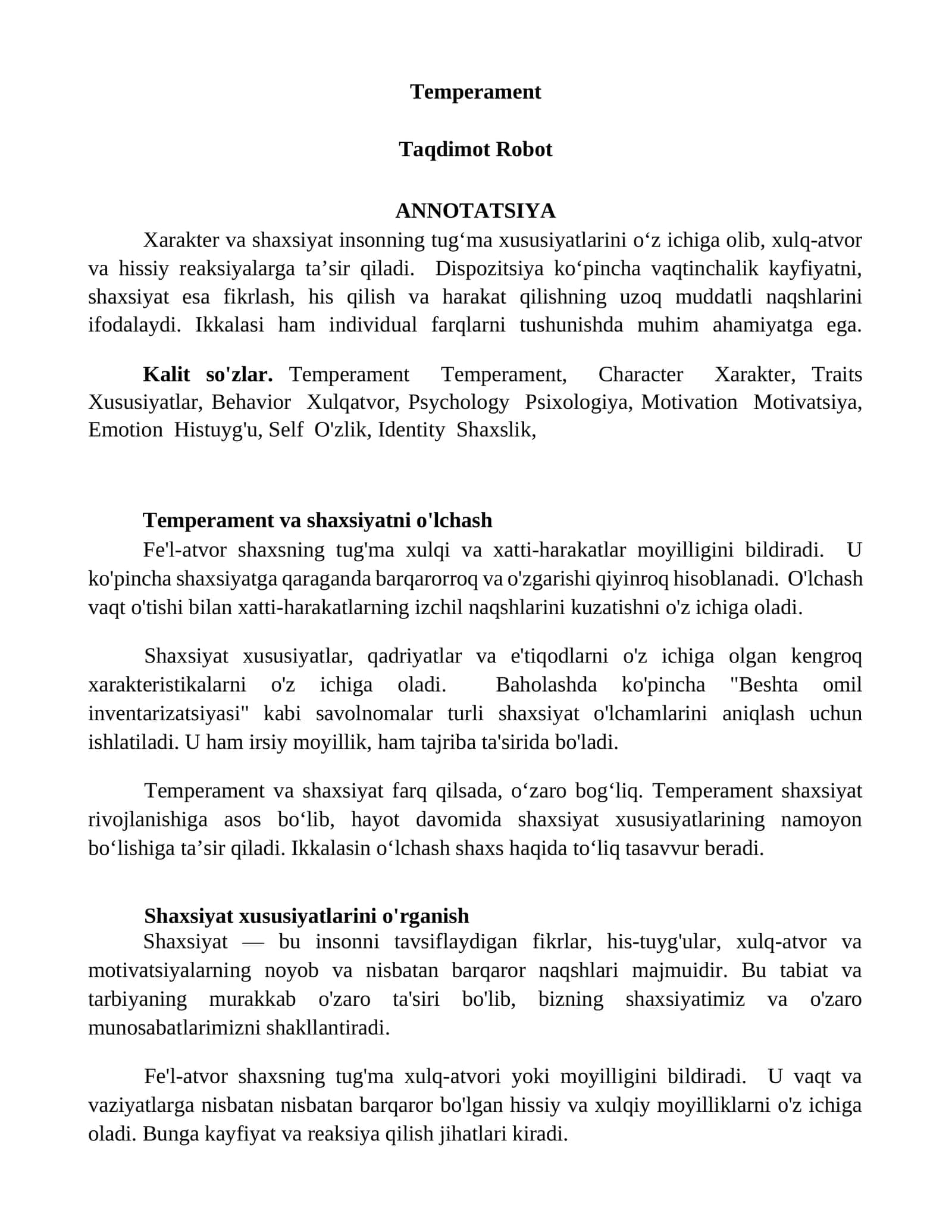Temperament va shaxsiyatni o'lchash 1