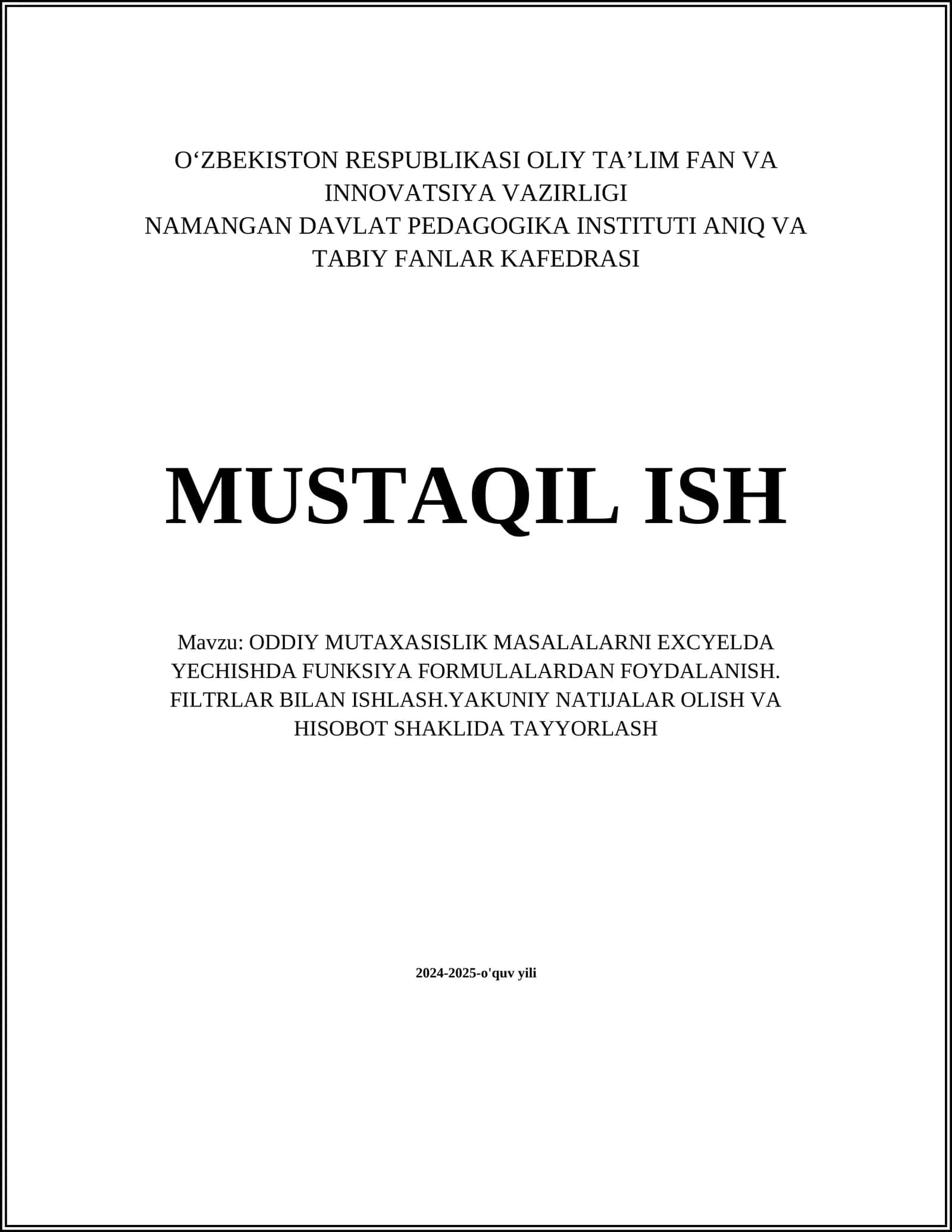 ODDIY MUTAXASISLIK MASALALARNI EXCYELDA YECHISHDA FUNKSIYA FORMULALARDAN FOYDALANISH 1