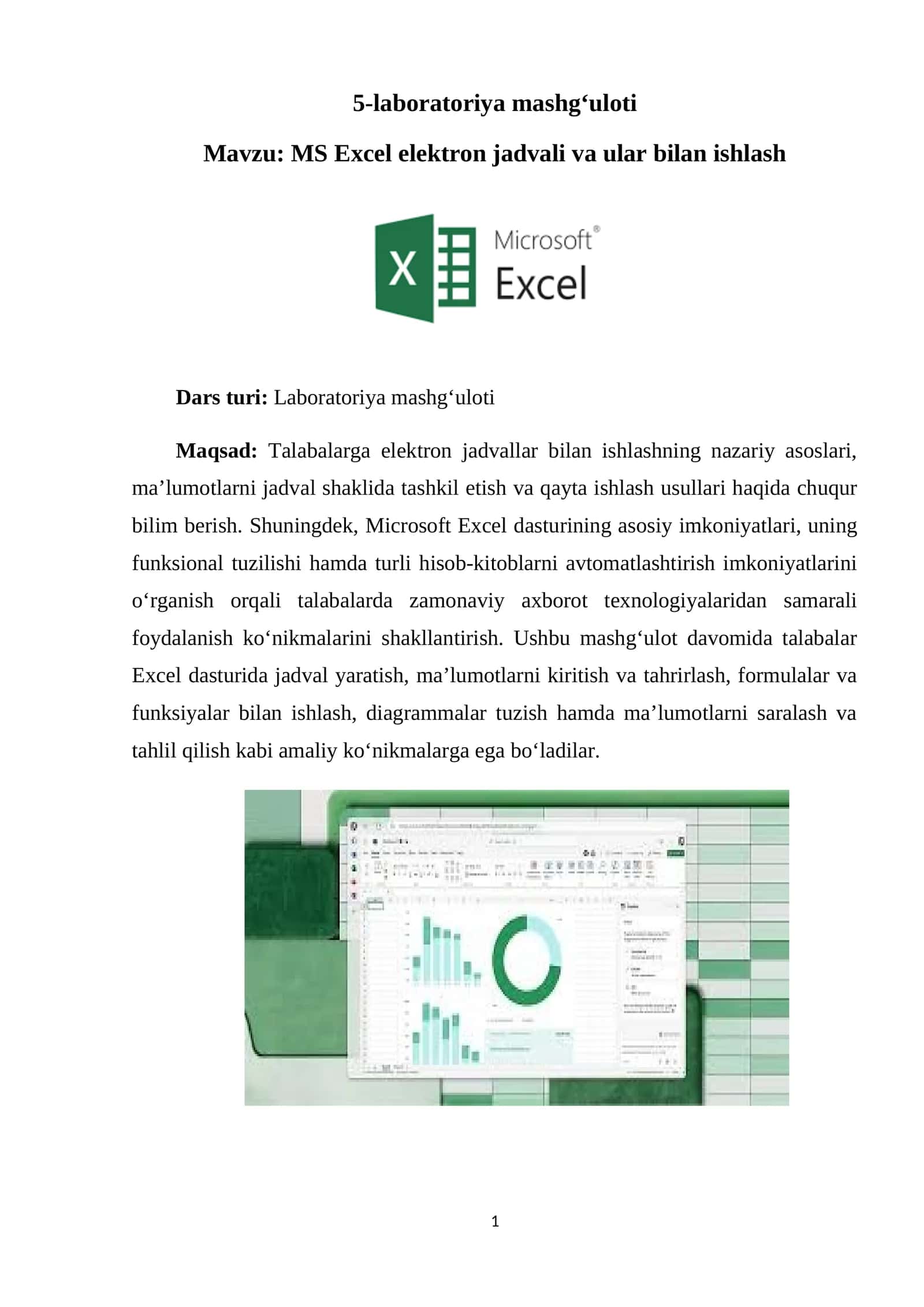 MS Excel elektron jadvali va ular bilan ishlash 1