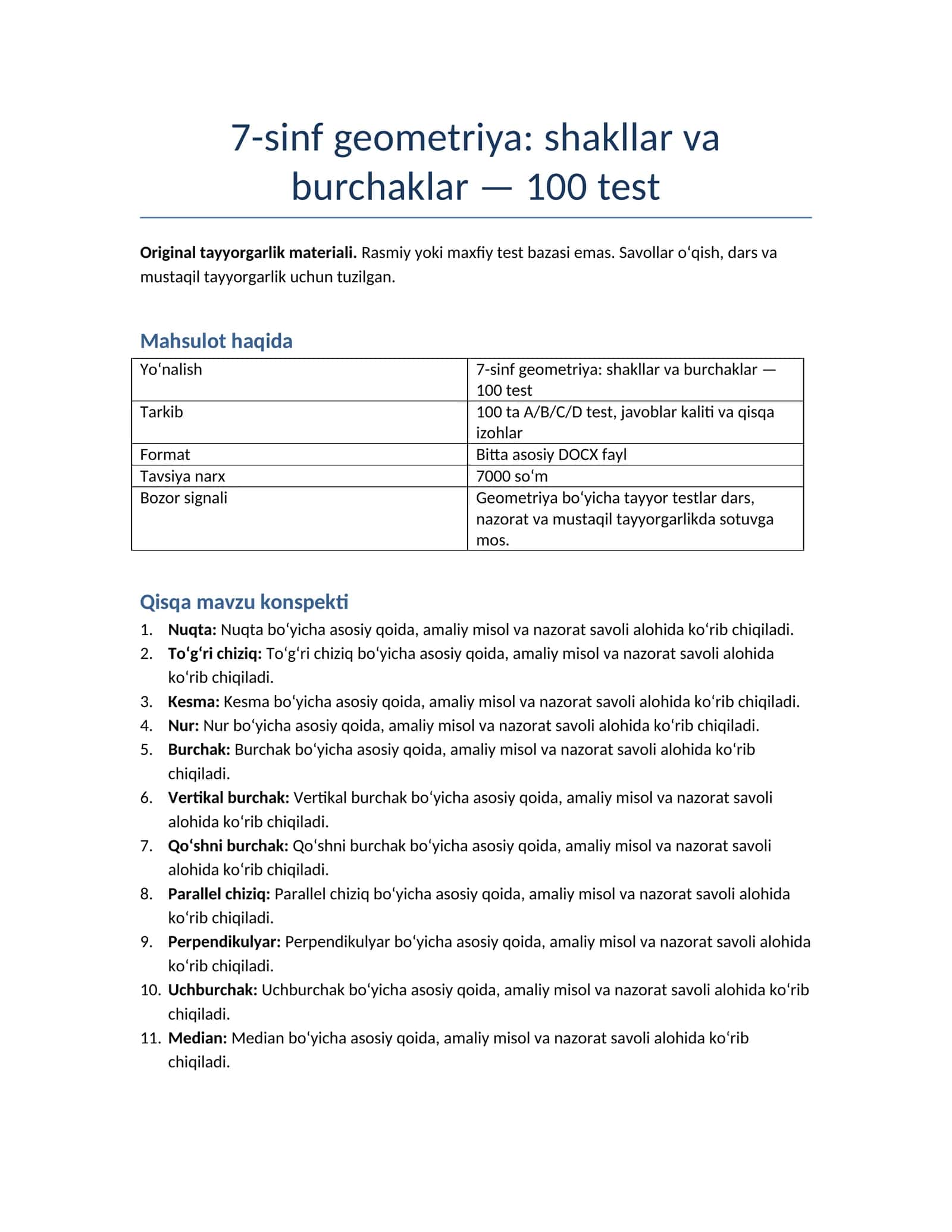 7-sinf geometriya: shakllar va burchaklar — 100 test 1