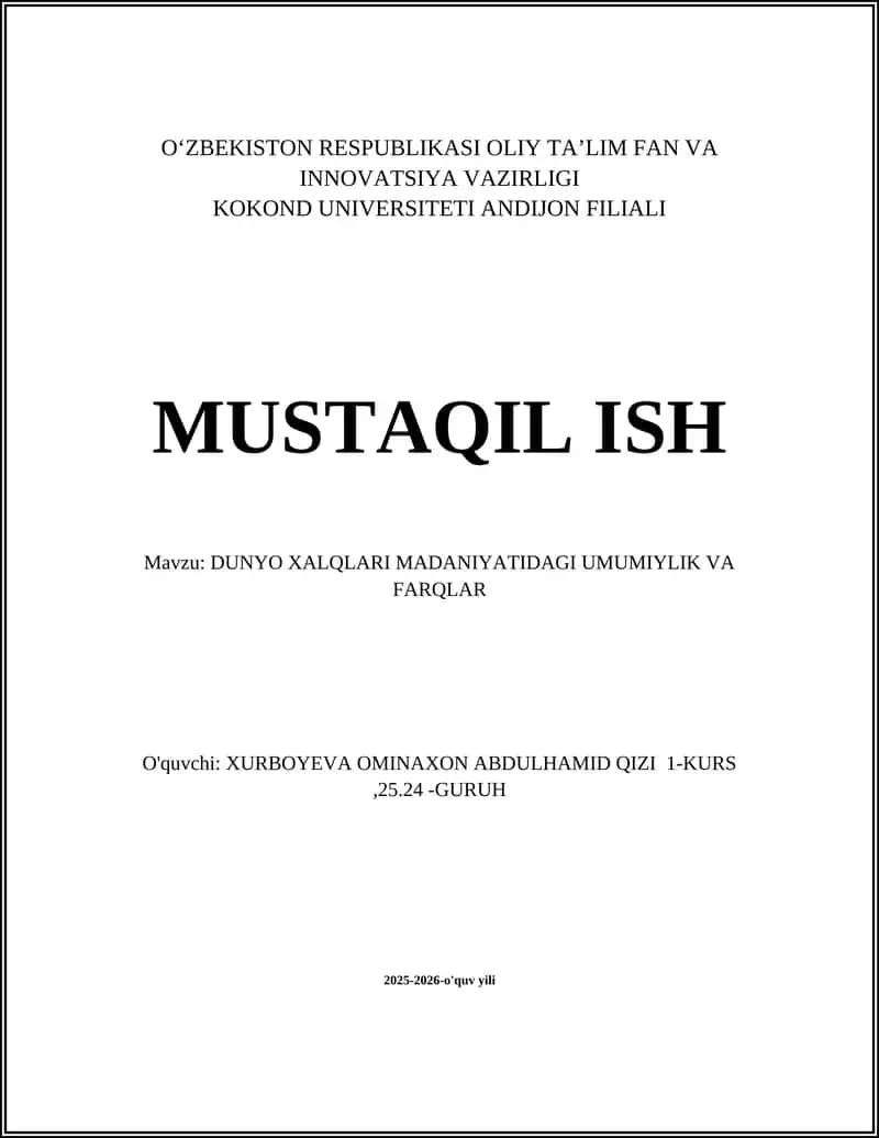 Dunyo Xalqlari Madaniyatidagi Umumiylik va Farqlar 1