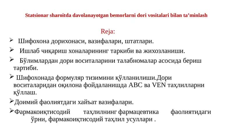 Statsionar sharoitda davolanayotgan bemorlarni dorivoris ishlarini tanlash 1