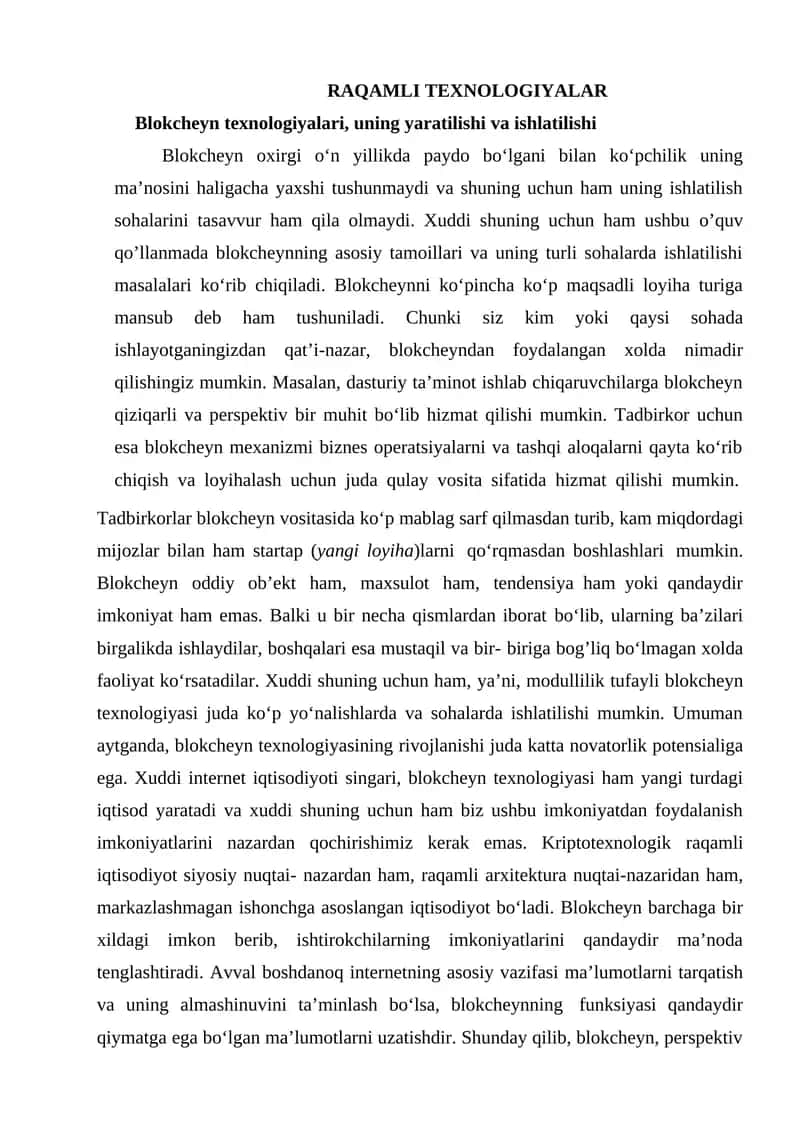 Blokcheyn texnologiyalari, uning yaratilishi va ishlatilishi 1