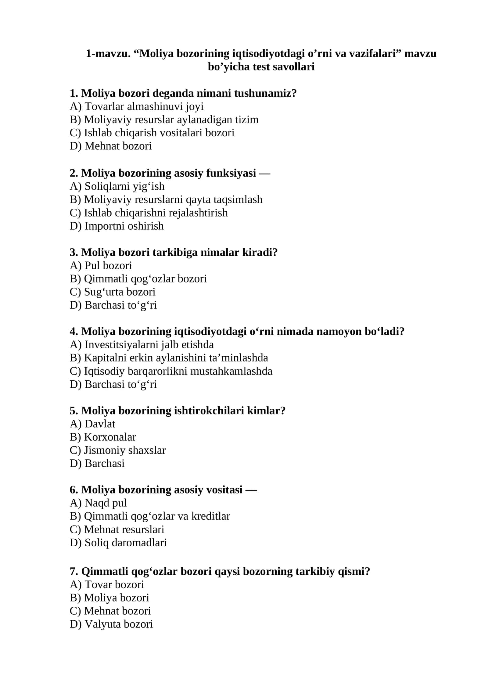 "Moliya bozorining iqtisodiyotdagi o’rni va vazifalari" mavzu bo’yicha test savollari 1