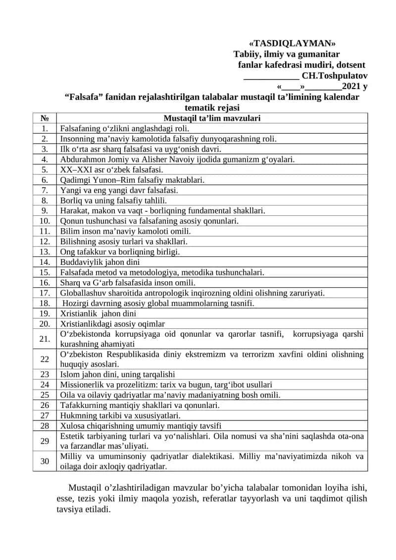Mustaqil ta’limining kalendar tematik rejasi 1