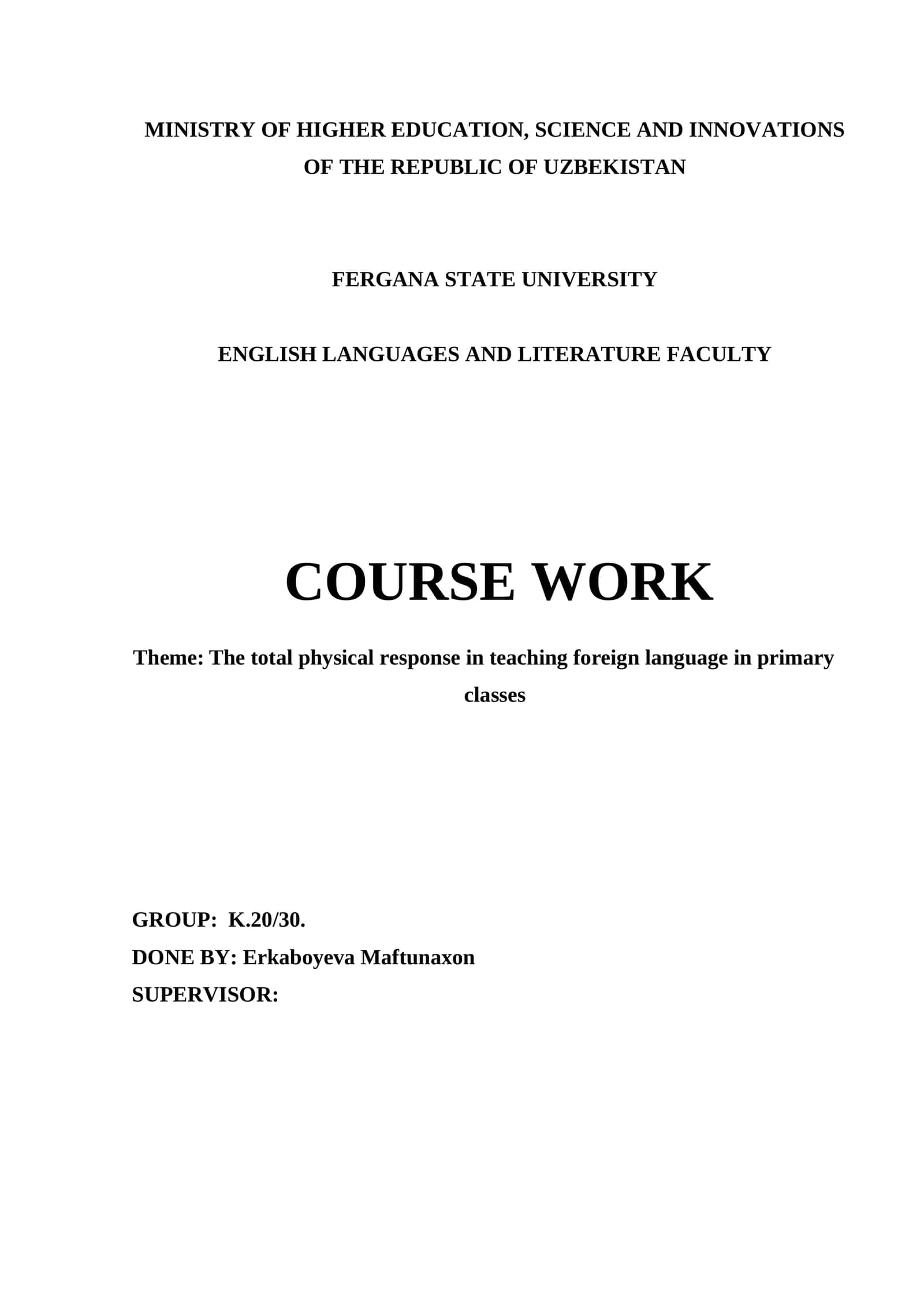 Course Work on Total Physical Response in Teaching Foreign Language in Primary Classes 1