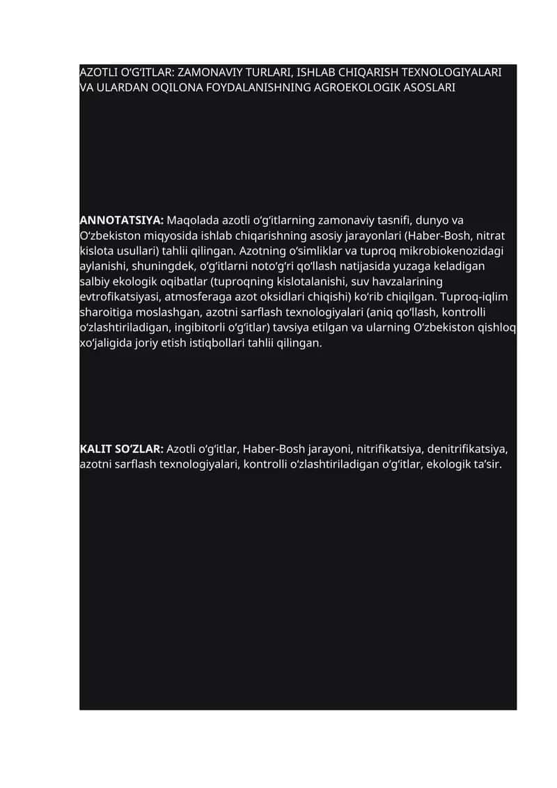 Azotli O‘g‘itlar: Zamonaviy Turlari, Ishlab Chiqarish Texnologiyalari va Ulardan Oqilona Foydalanishning Agroekologik Asoslari 1