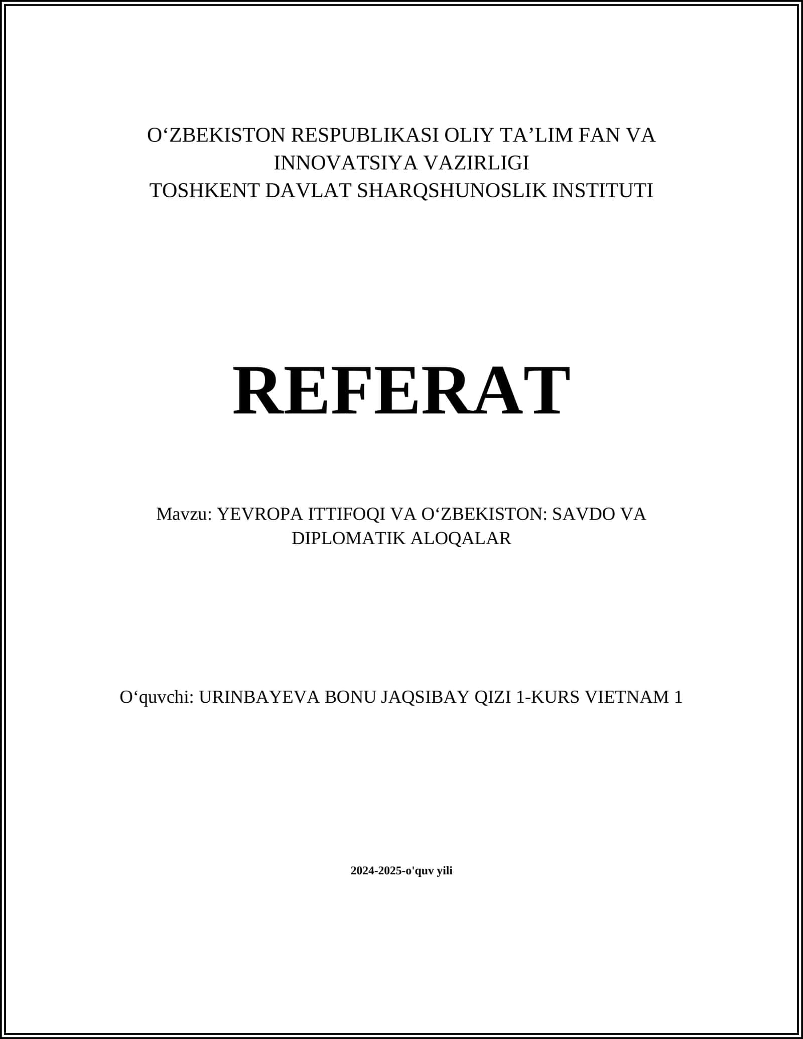 YEVROPA ITTIFOQI VA OʻZBEKISTON: SAVDO VA DIPLOMATIK ALOQALAR 1