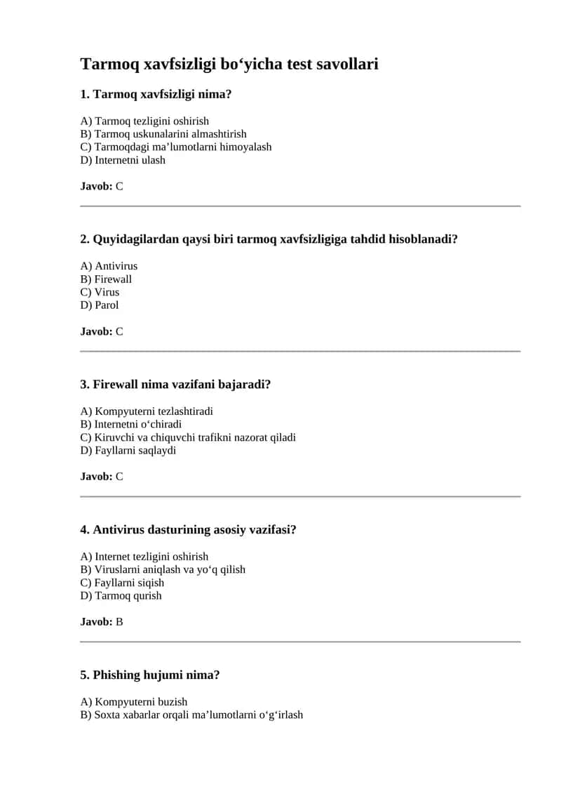 Tarmoq xavfsizligi bo‘yicha test savollari 1