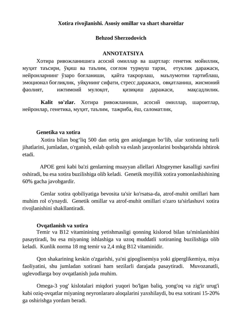 Xotira rivojlanishi. Asosiy omillar va shart sharoitlar 1