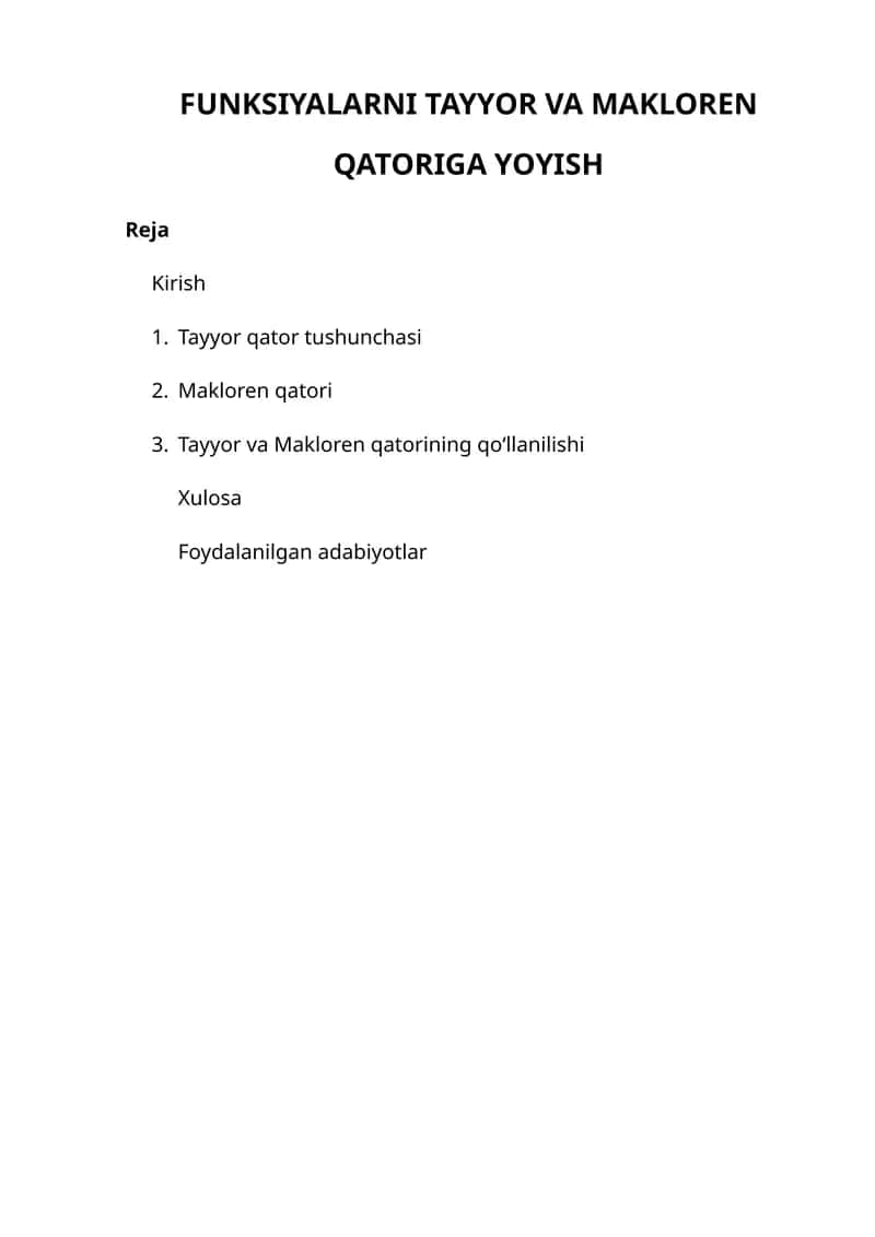 Tayyor va Makloren qatorlari 1
