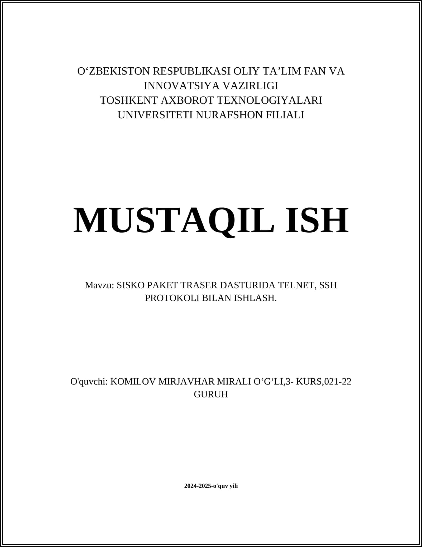 SISKO PAKET TRASER DASTURIDA TELNET, SSH PROTOKOLI BILAN ISHLASH 1