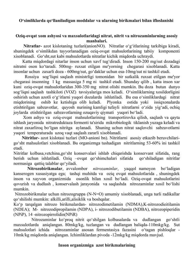 O‘simliklarda qo‘llaniladigan moddalar va ularning birikmalari bilan ifloslanishi 1