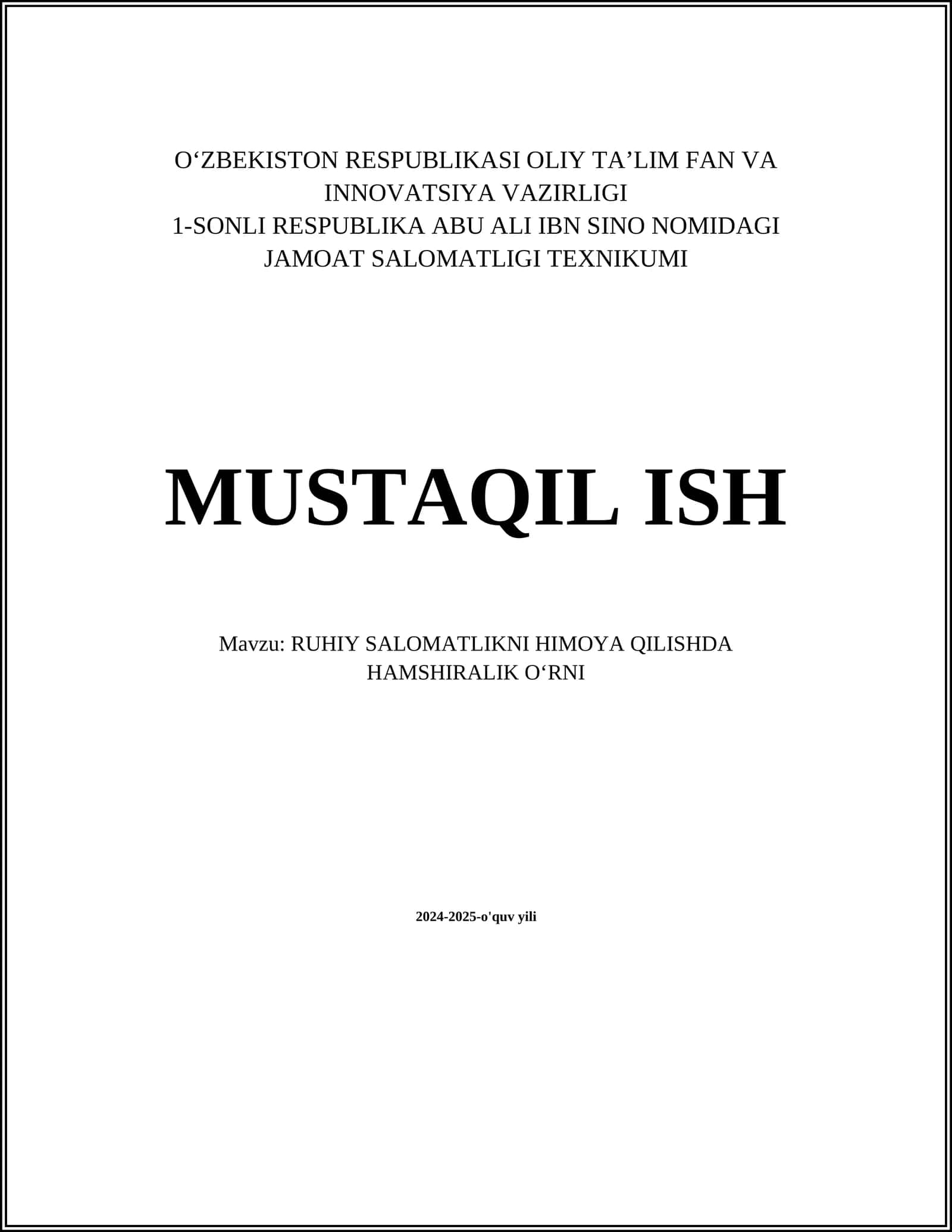 RUHIY SALOMATLIKNI HIMOYA QILISHDA HAMSHIRALIK O‘RNI 1