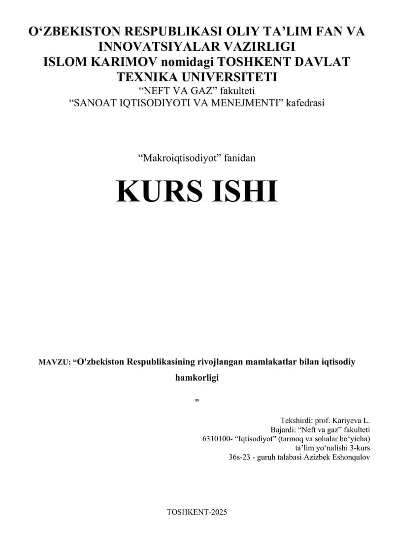 O'zbekiston Respublikasining rivojlangan mamlakatlar bilan iqtisodiy hamkorligi 1