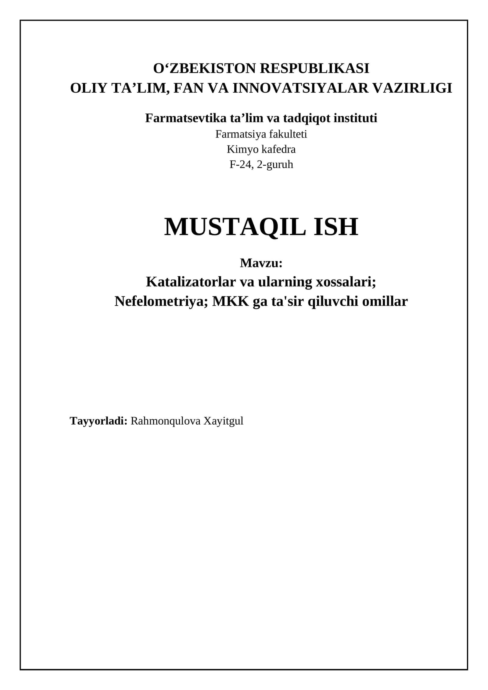 Katalizatorlar va ularning xossalari 1