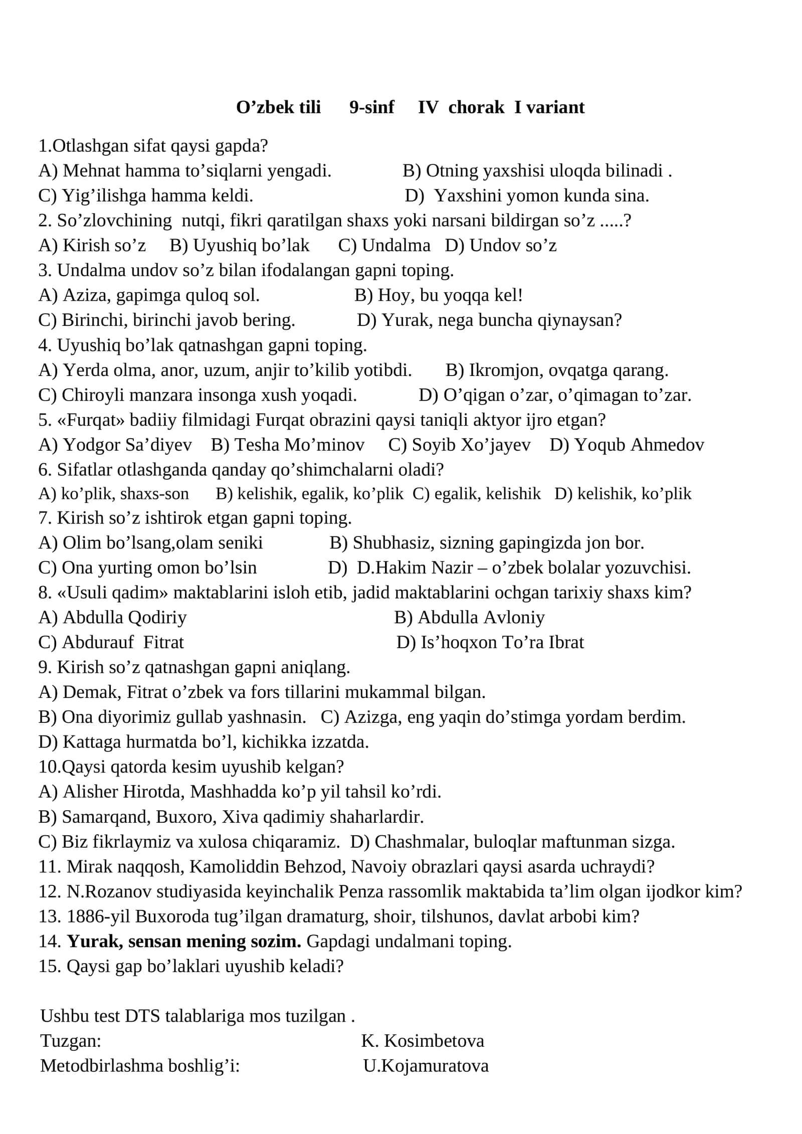 O’zbek tili 9-sinf IV chorak I variant 1